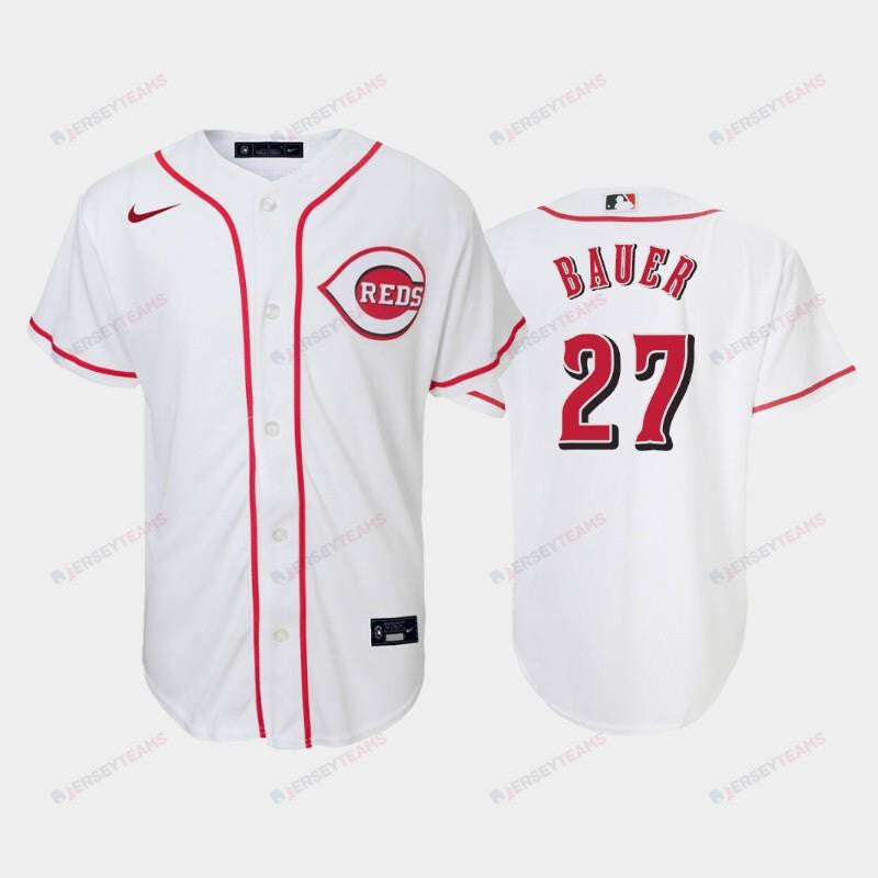 27 Trevor Bauer Youth Reds Home White Jersey Jersey