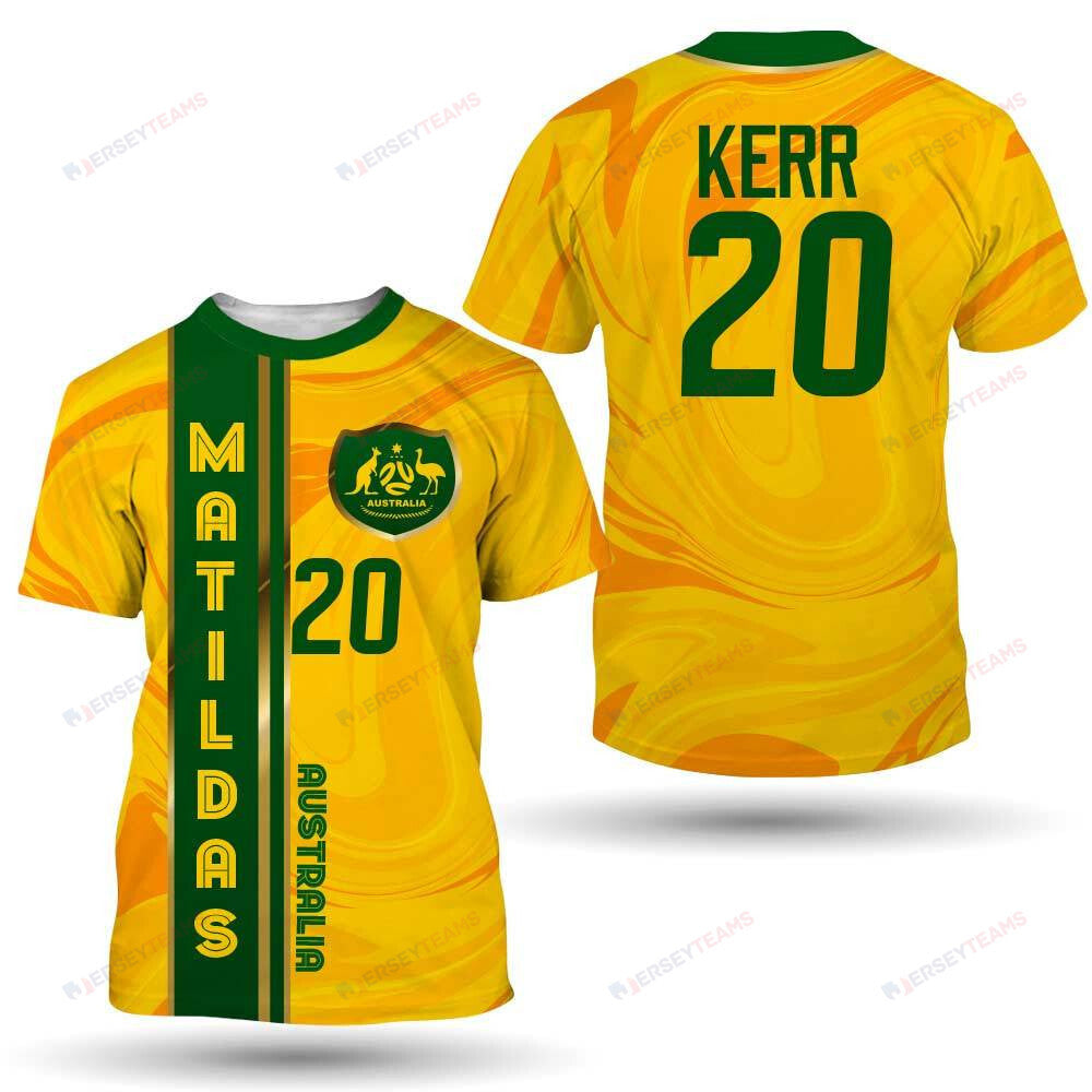 Sam Kerr 20 Australia Matildas 2023/24 Women's National Football Team AOP T-Shirt - Yellow