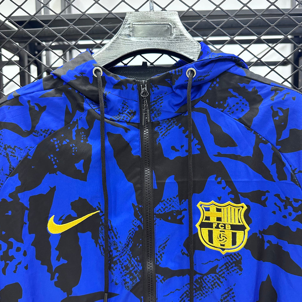 Barcelona 2025/2026 Waterproof Hooded Windbreaker Jacket - Blue And Black