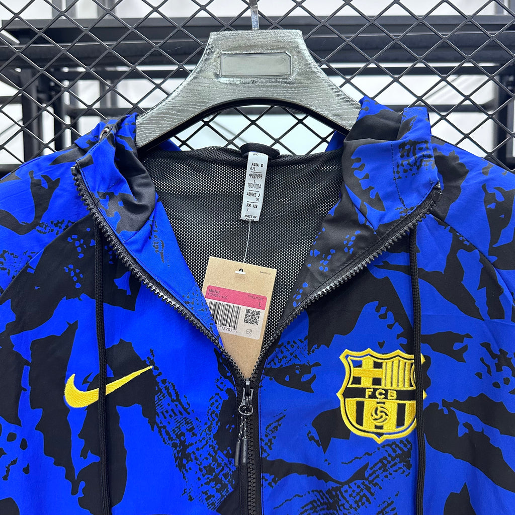 Barcelona 2025/2026 Waterproof Hooded Windbreaker Jacket - Blue And Black