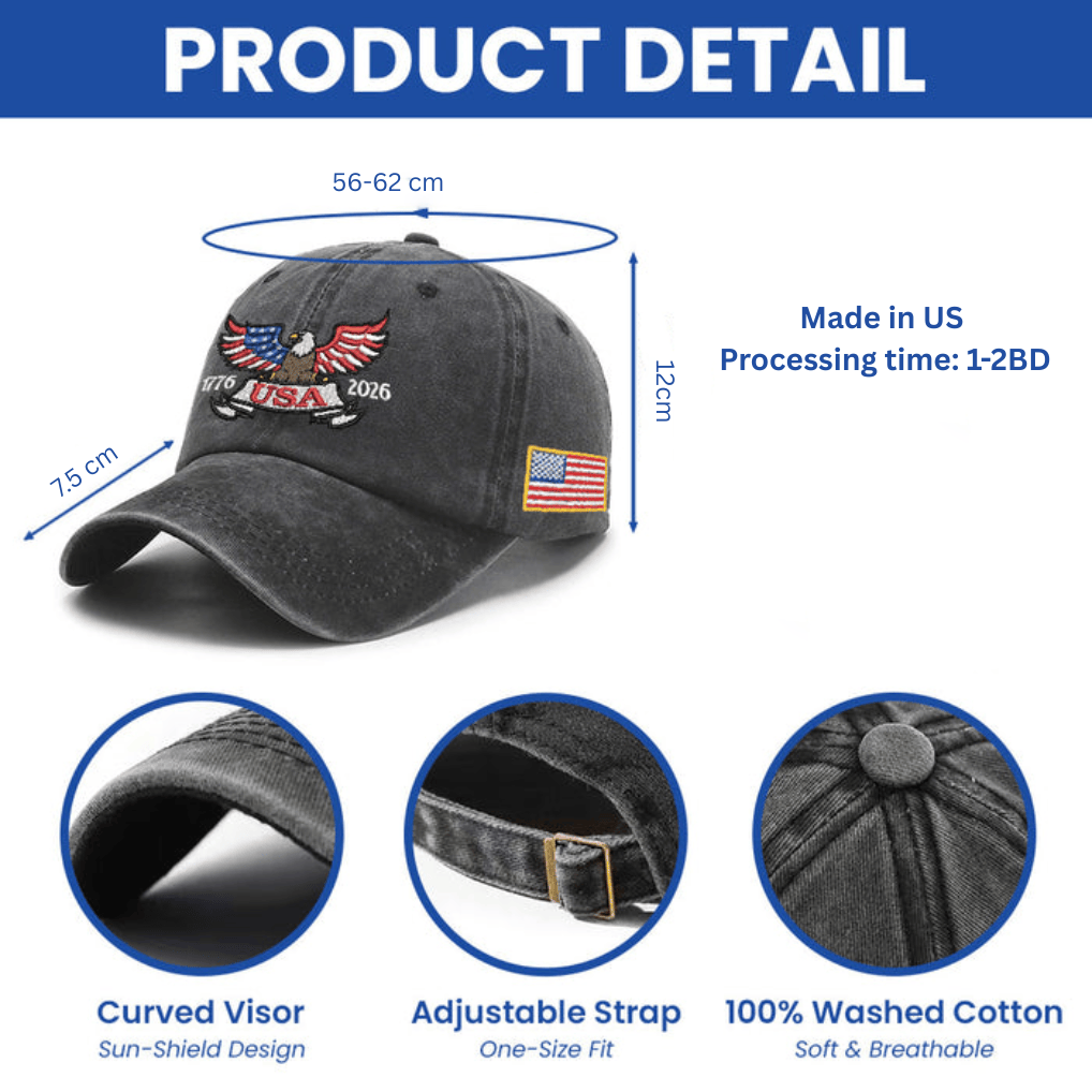 250 Years of USA Washed Cotton Cap – America 1776–2026 - Grey