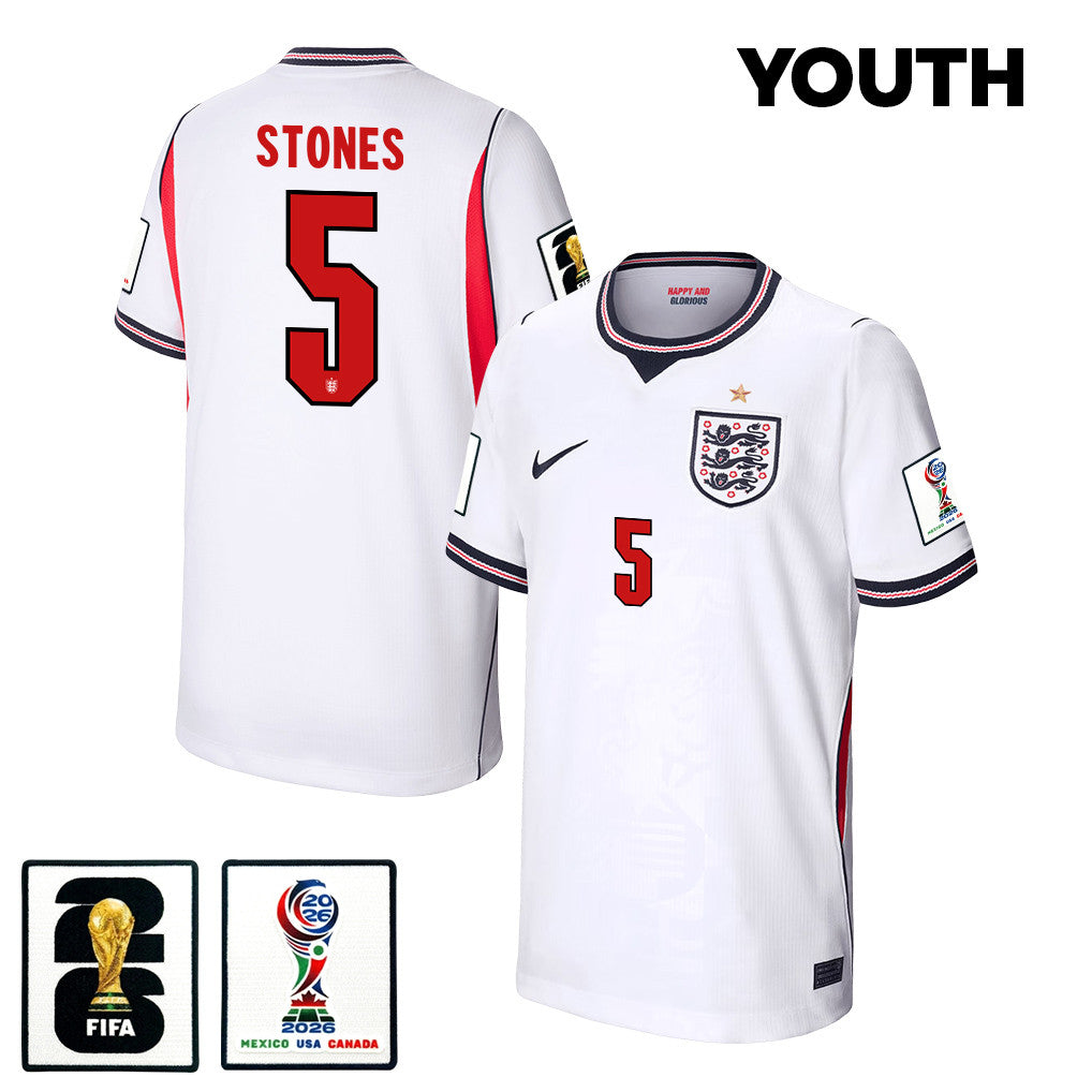 John Stones 5 Youth England National Team 2026 Home Jersey - White