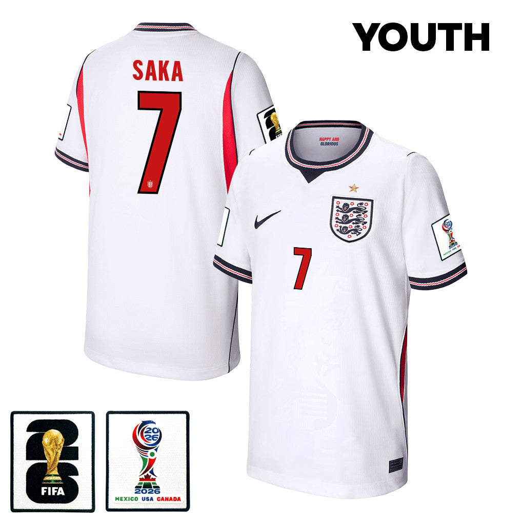 Bukayo Saka 7 Youth England National Team 2026 Home Jersey - White