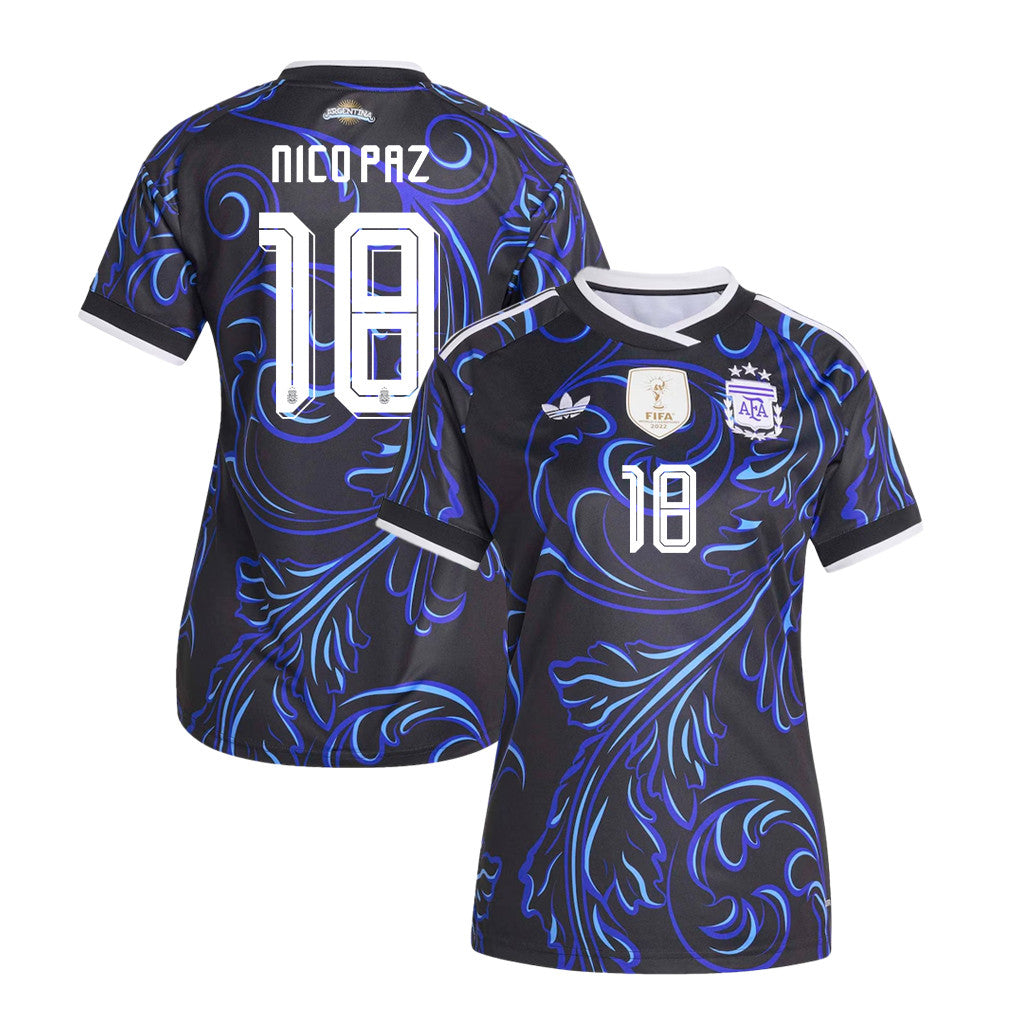 Nico Paz 18 Women's Argentina National Team 2026 Away Jersey - Black