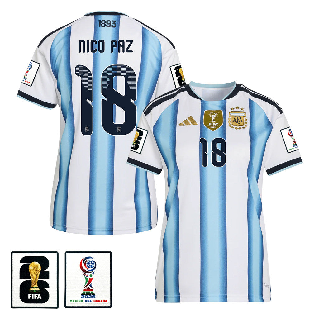 Nico Paz 18 Women's Argentina National Team 2026 Home Jersey - White