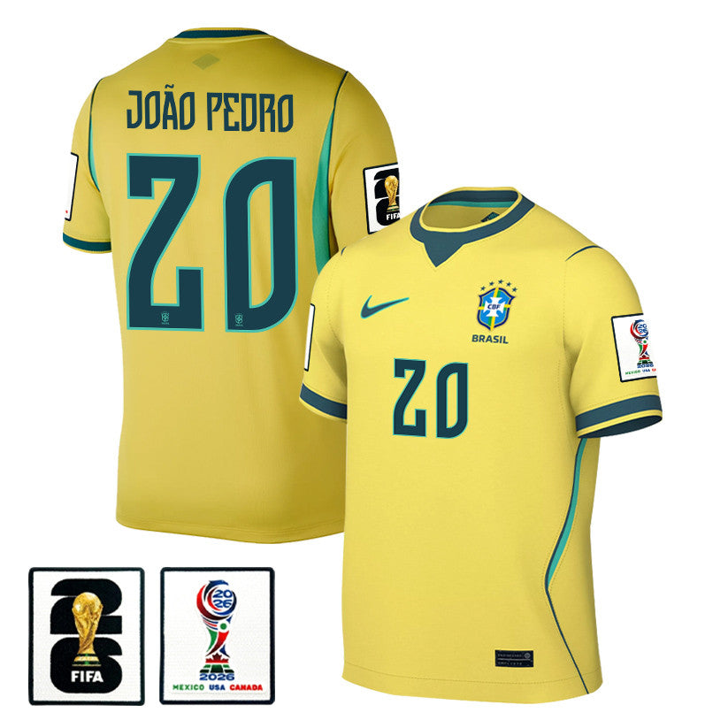 João Pedro 20 Brazil National Team 2026 x World Cup Patch Home Jersey - Yellow, Men