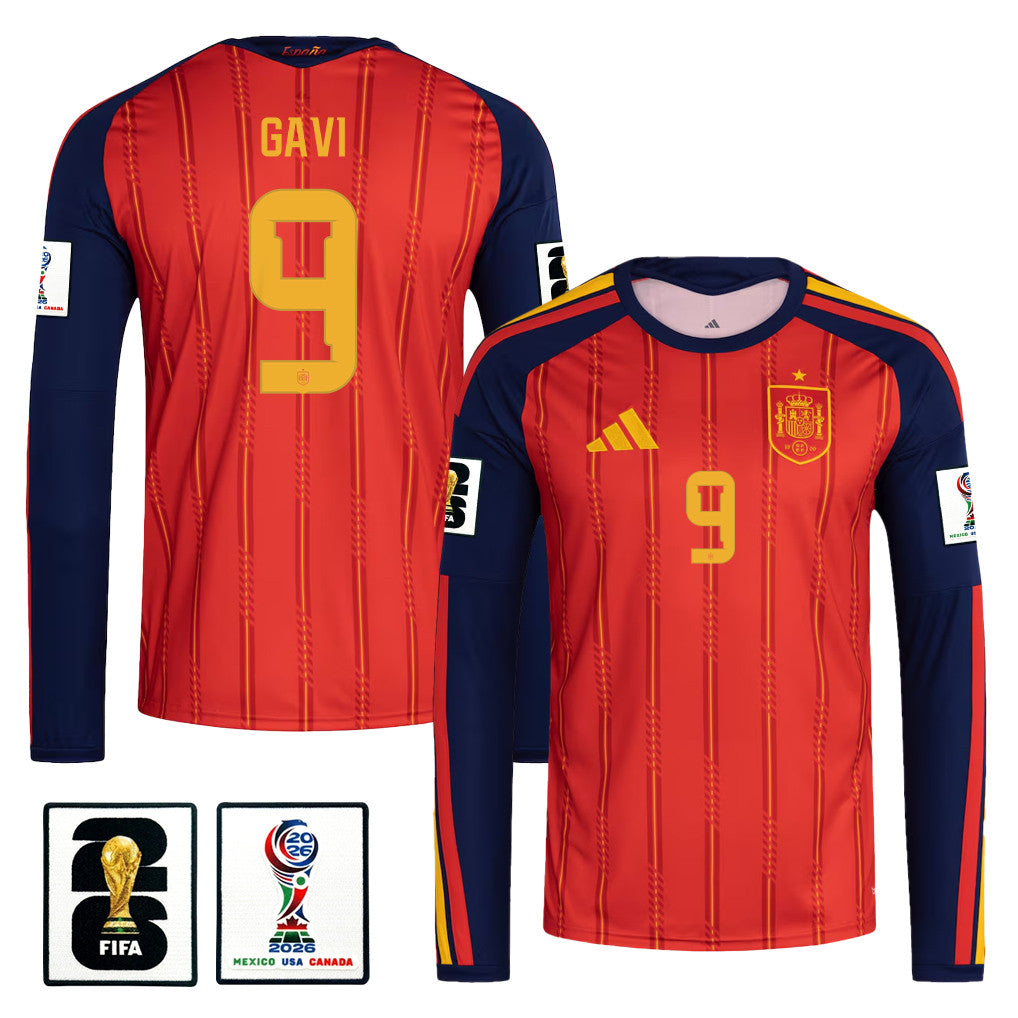 Gavi 9 Spain National Team 2026 Home Long Sleeve Jersey - Red