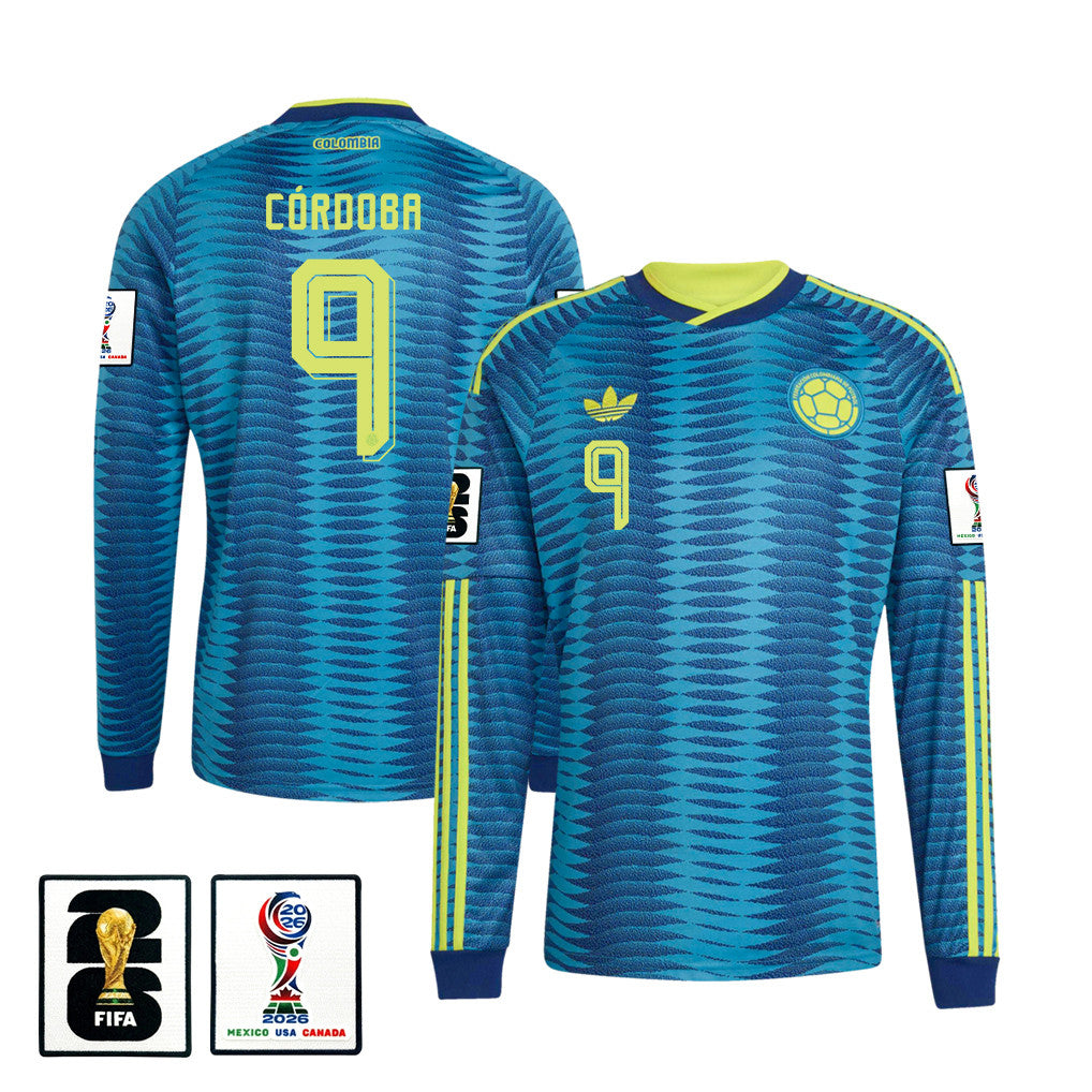 Jhon Córdoba 9 Colombia National Team 2026 Away Long Sleeve Jersey - Turquoise