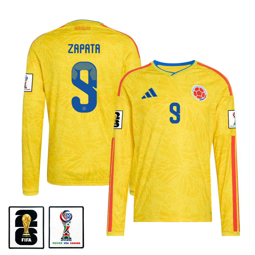 Duván Zapata 9 Colombia National Team 2026 Home Long Sleeve Jersey - Yellow