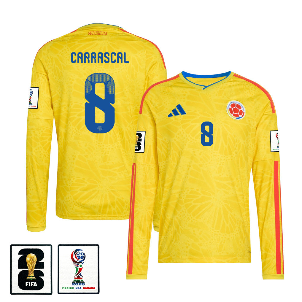 Jorge Carrascal 8 Colombia National Team 2026 Home Long Sleeve Jersey - Yellow