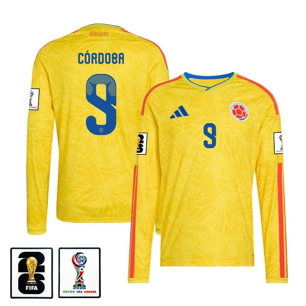 Jhon Córdoba 9 Colombia National Team 2026 Home Long Sleeve Jersey - Yellow