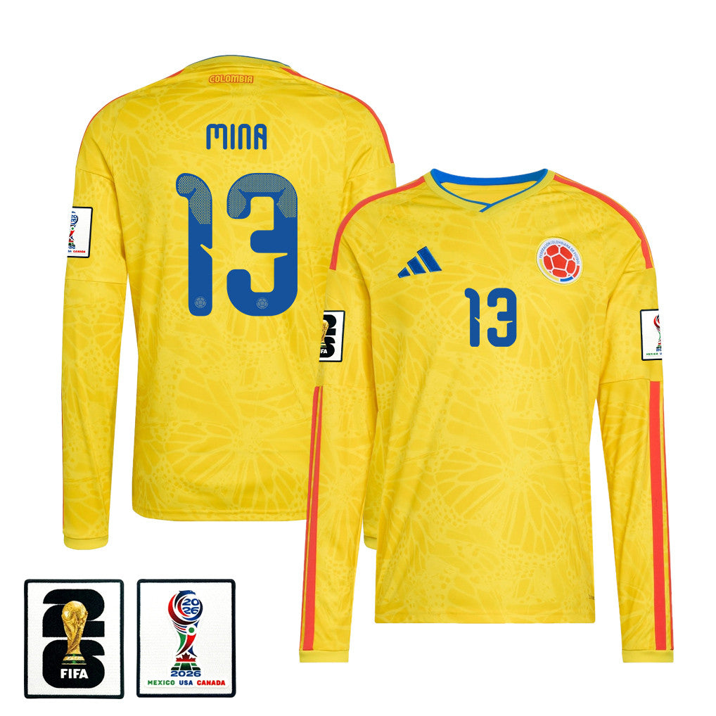 Yerry Mina 13 Colombia National Team 2026 Home Long Sleeve Jersey - Yellow