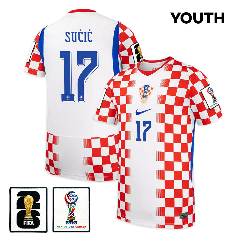 Petar Sučić 17 Youth Croatia National Team 2026 Home Jersey - White/ Red