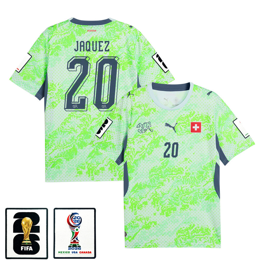 Luca Jaquez 20 Switzerland National Team 2026 x World Cup Patch Away Jersey - Men, Green