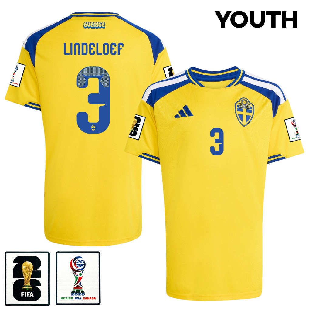 Victor Lindeloef 3 Youth Sweden National Team 2026 Home Jersey - Yellow