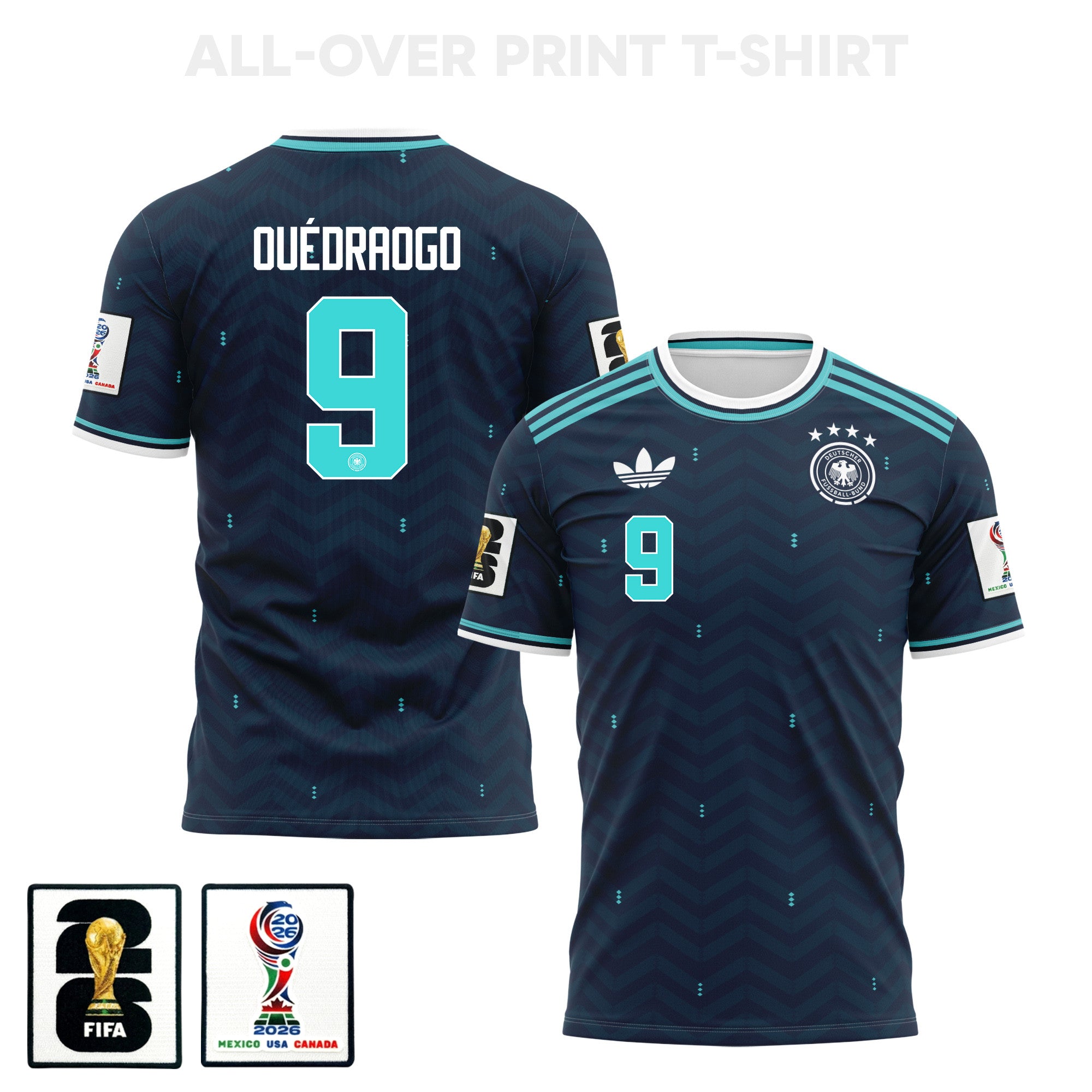 Assan Ouédraogo 9 Germany 2026 Away 3D T-Shirt Fully Printed – Unisex, Navy