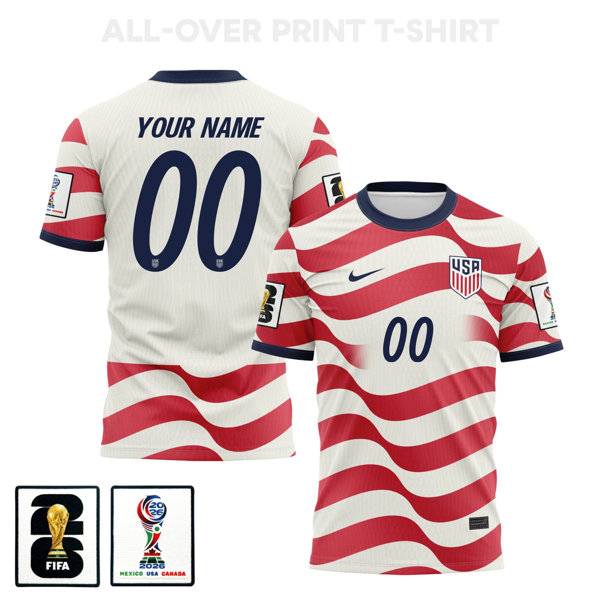 USMNT 2026 Home 3D T-Shirt Fully Printed – Personalized – Unisex, White/Red