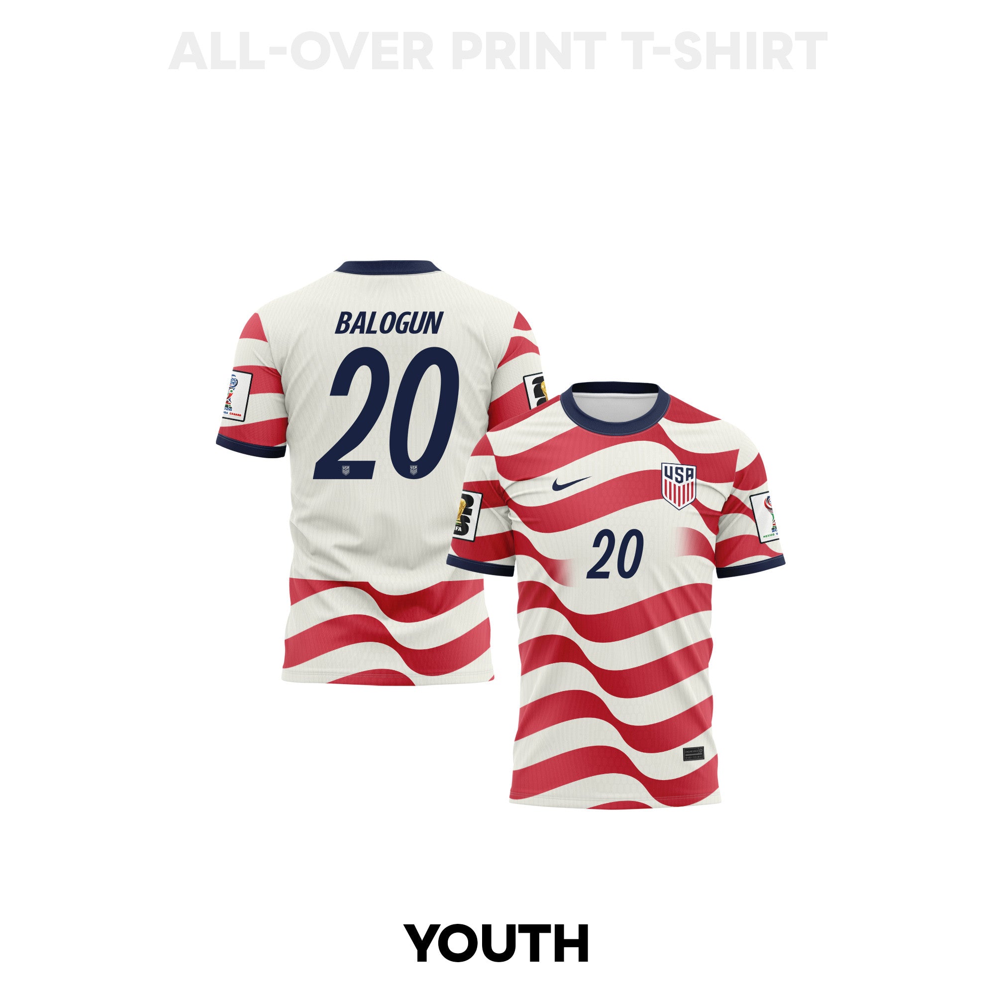 Folarin Balogun 20 Youth USMNT 2026 Home 3D T-shirt Fully Printed – White/Red