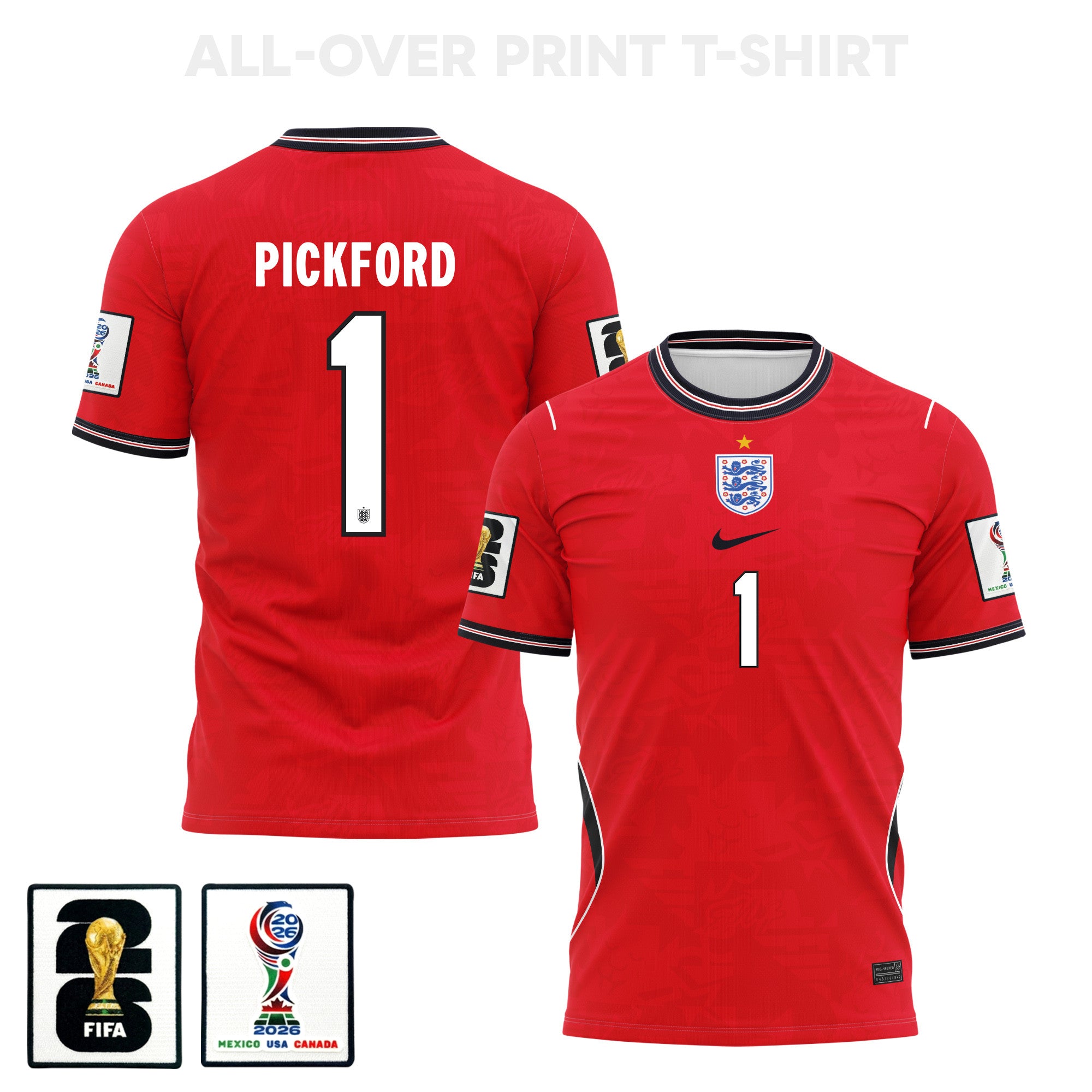 Jordan Pickford 1 England 2026 Away 3D T-Shirt Fully Printed – Unisex, Red