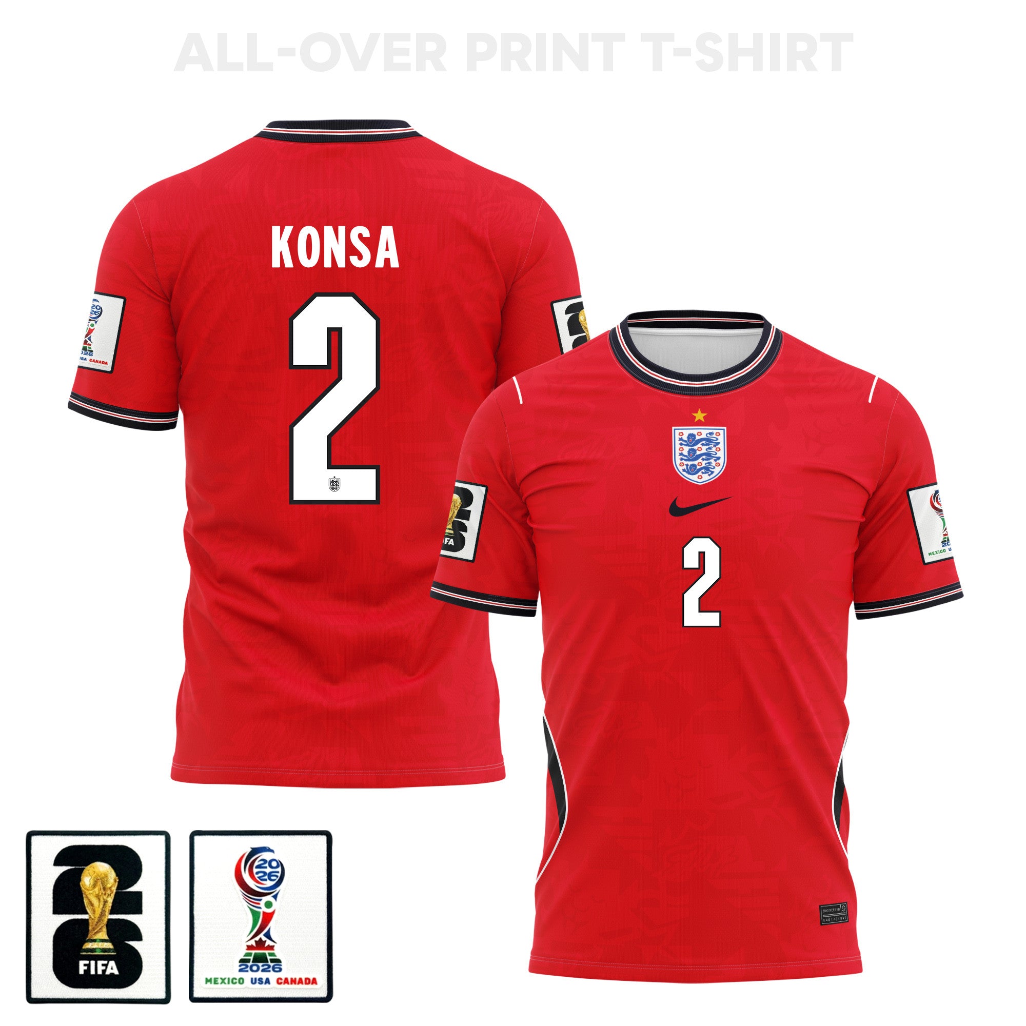Ezri Konsa 2 England 2026 Away 3D T-Shirt Fully Printed – Unisex, Red