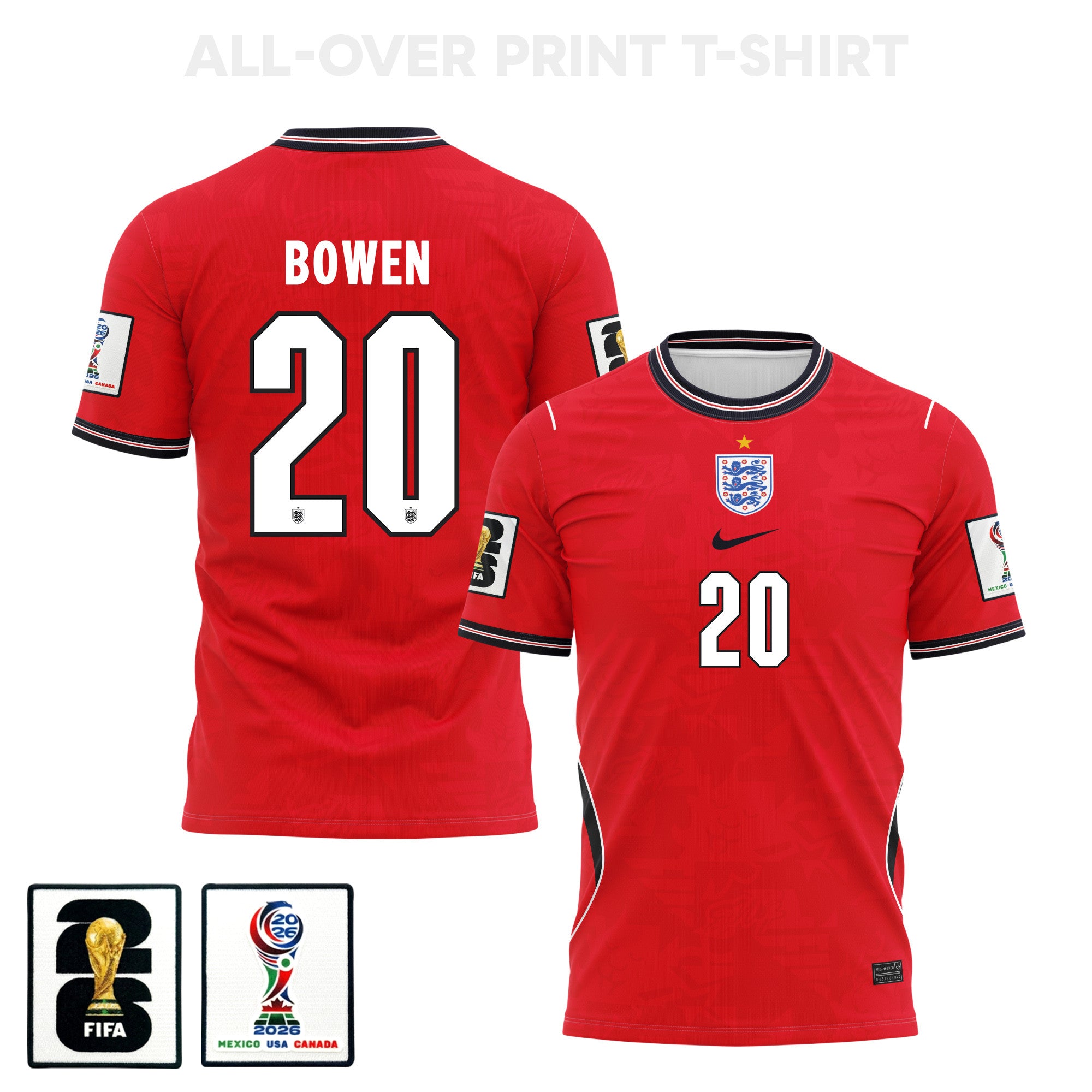 Jarrod Bowen 20 England 2026 Away 3D T-Shirt Fully Printed – Unisex, Red
