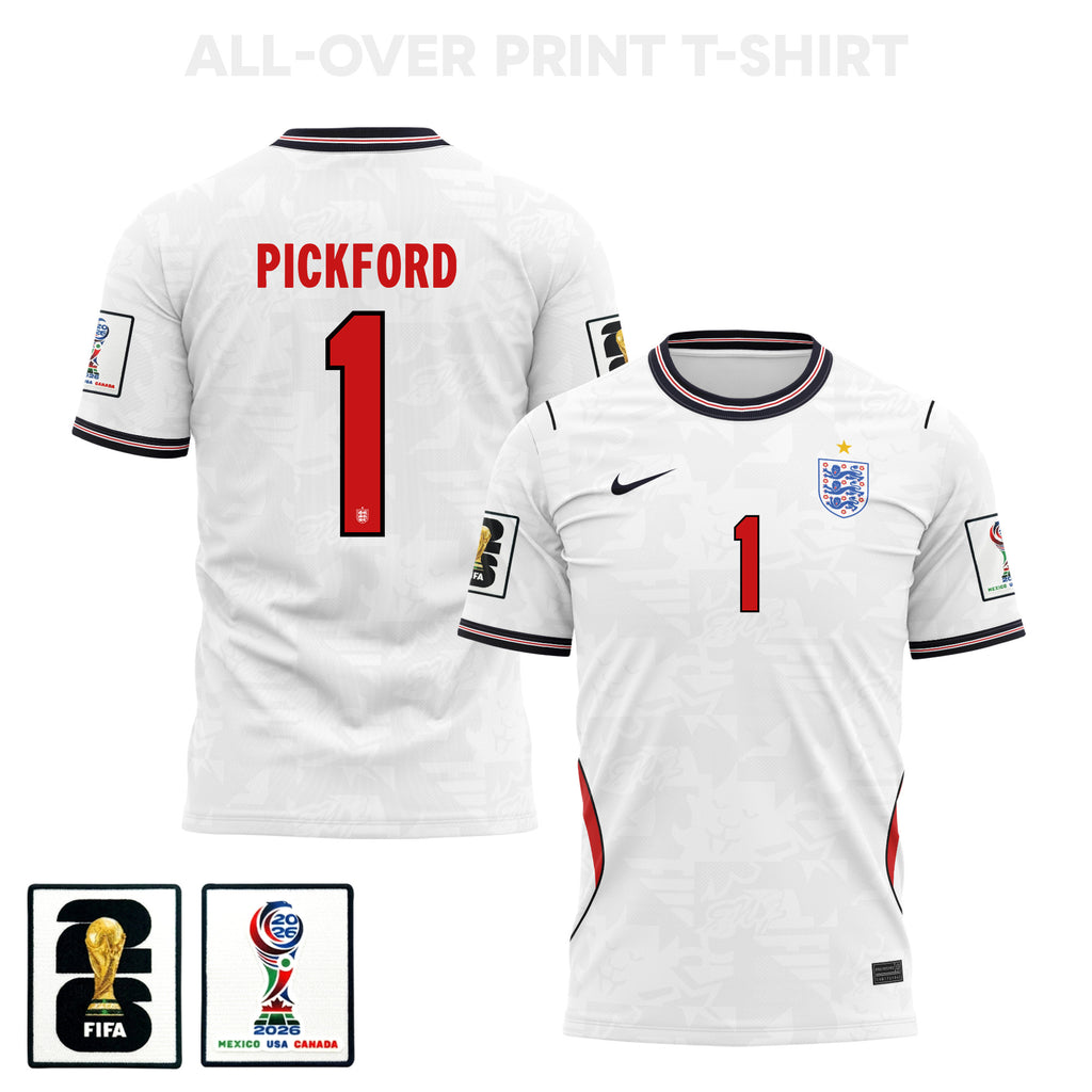 Jordan Pickford 1 England 2026 Home 3D T-Shirt Fully Printed – Unisex, White