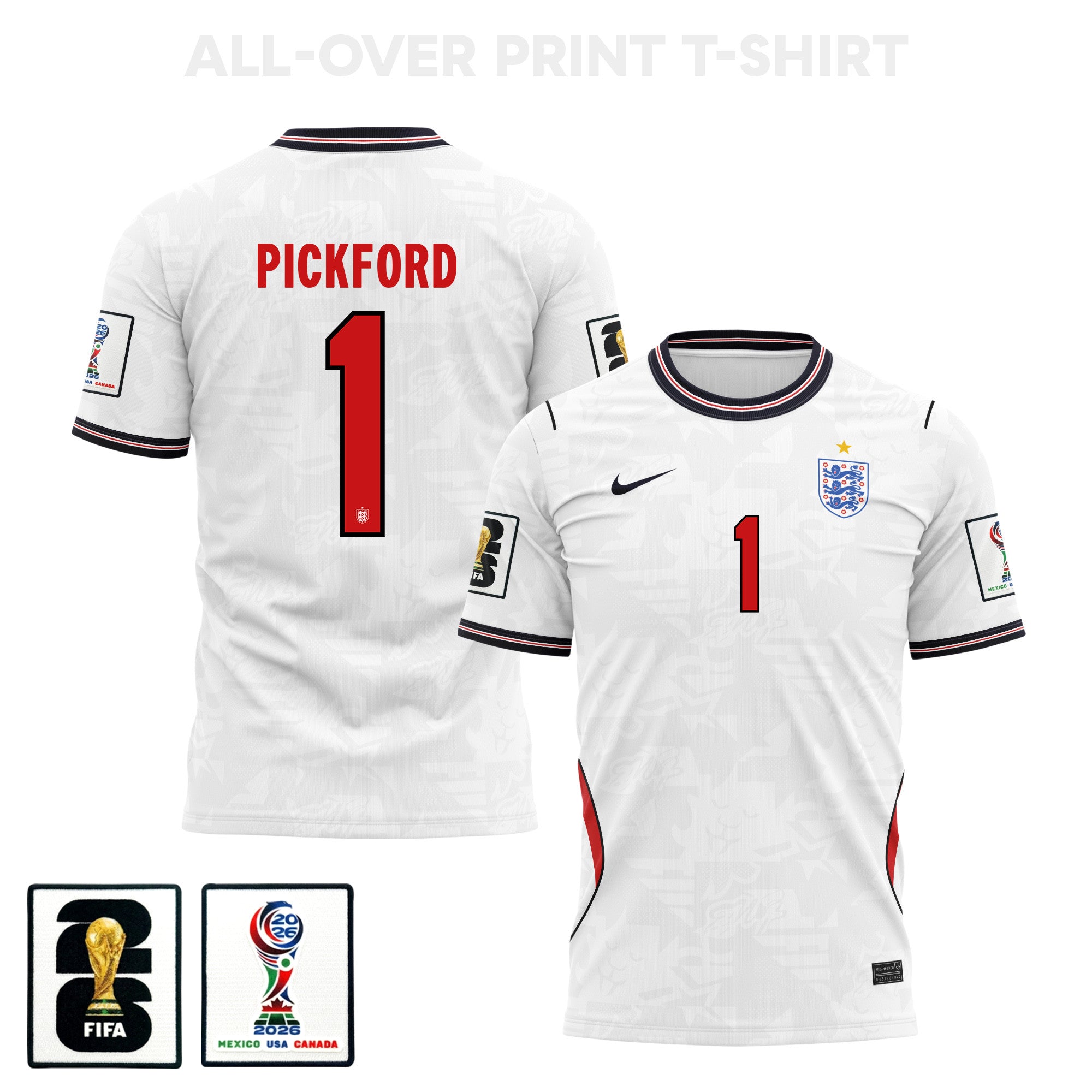 Jordan Pickford 1 England 2026 Home 3D T-Shirt Fully Printed – Unisex, White
