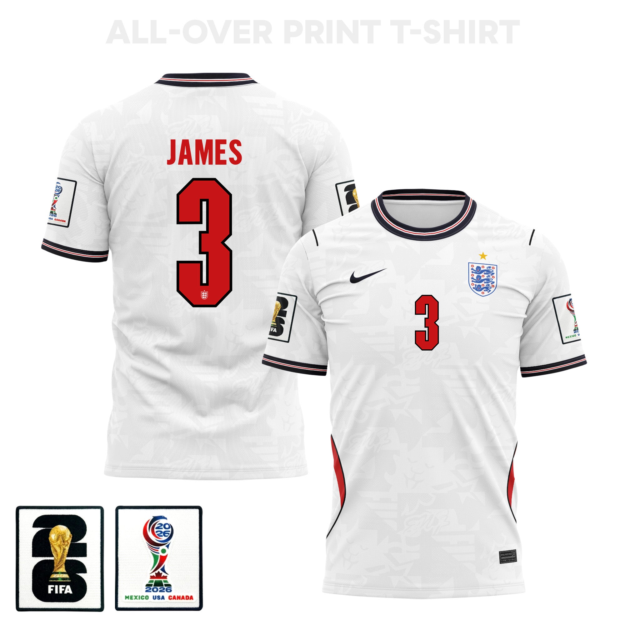 Reece James 3 England 2026 Home 3D T-Shirt Fully Printed – Unisex, White