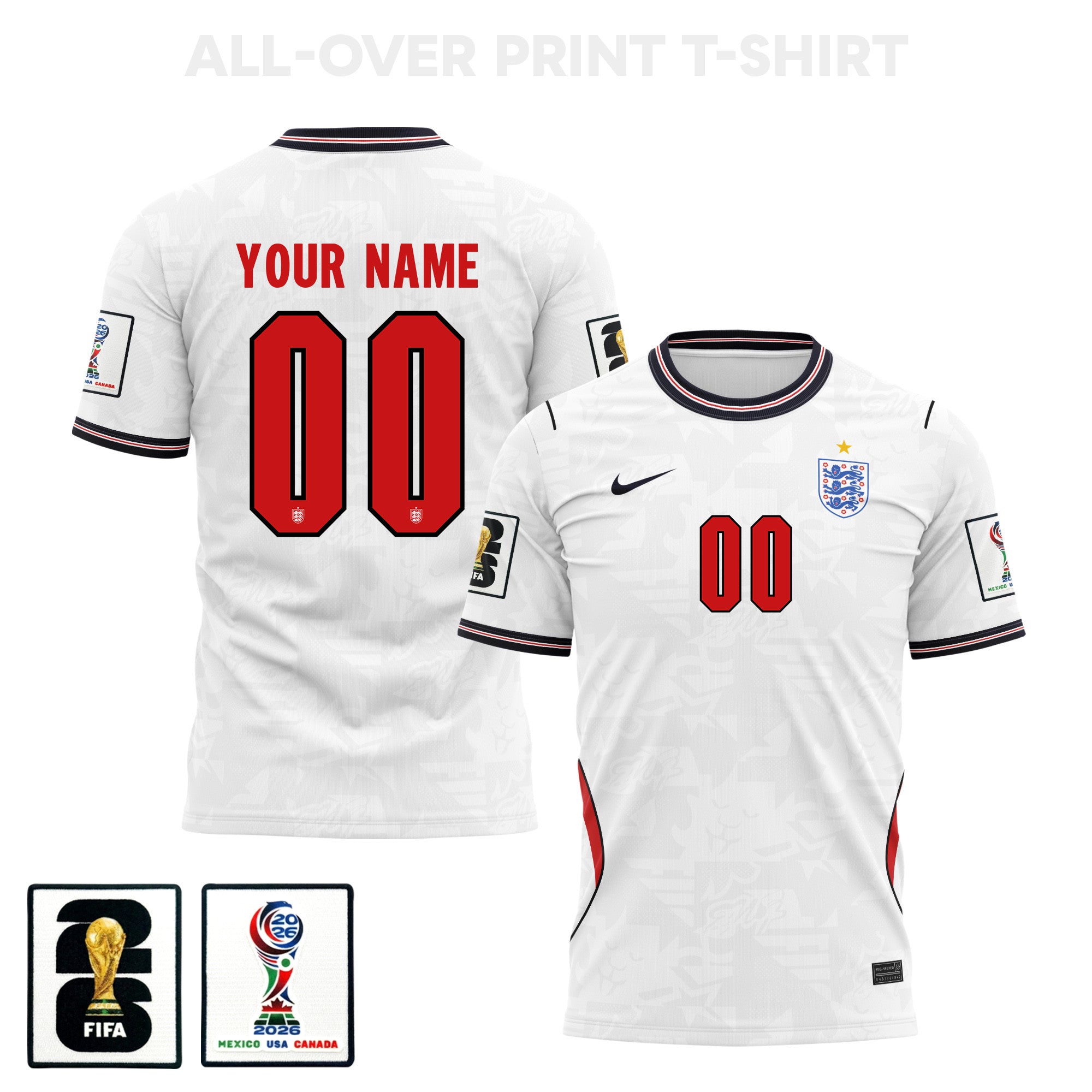 England 2026 Home 3D T-Shirt Fully Printed – Personalized – Unisex, White