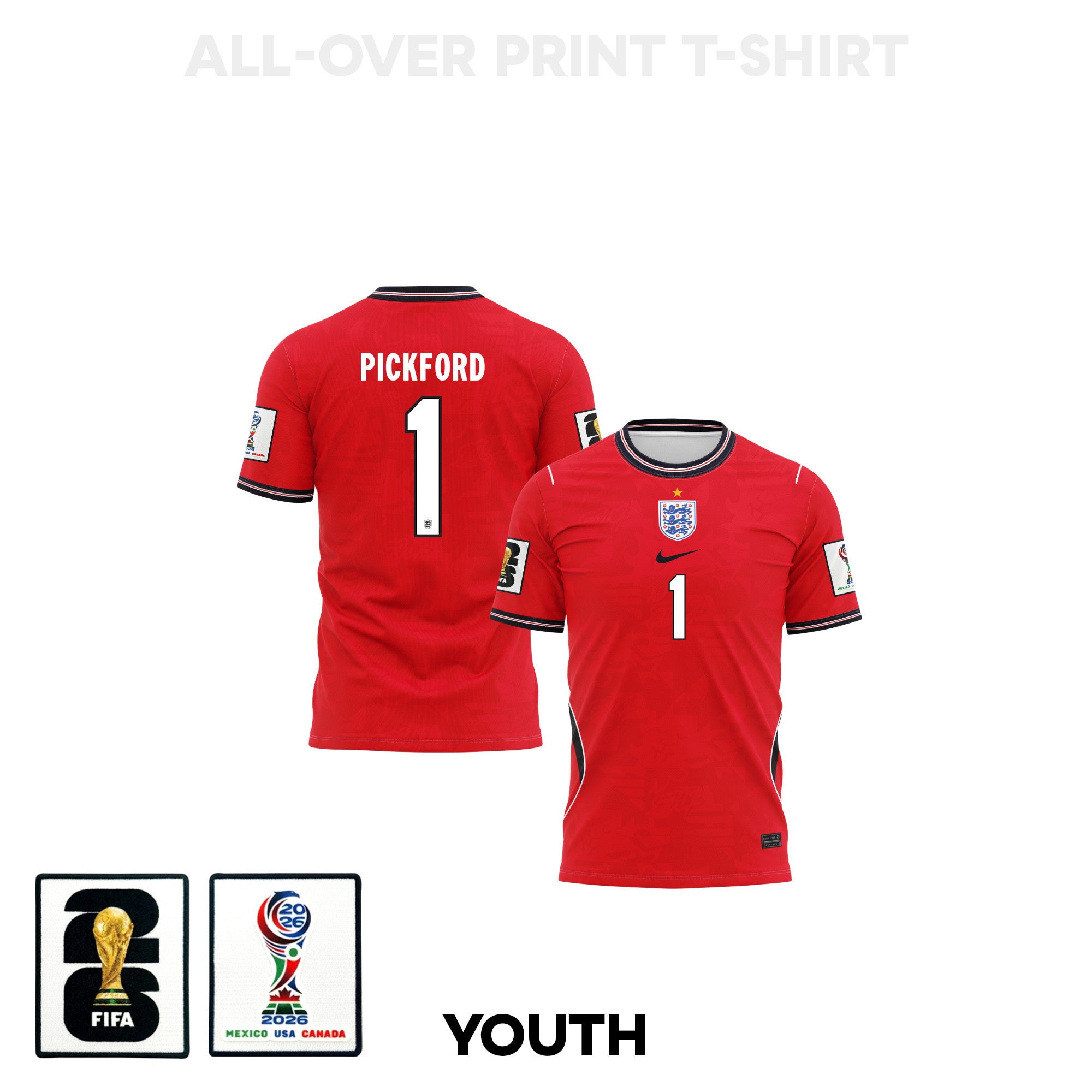 Jordan Pickford 1 Youth England 2026 Away 3D T-shirt Fully Printed – Red