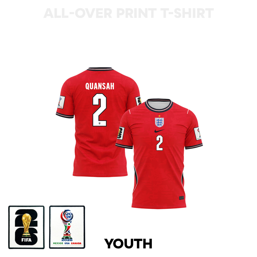 Jarell Quansah 2 Youth England 2026 Away 3D T-shirt Fully Printed – Red