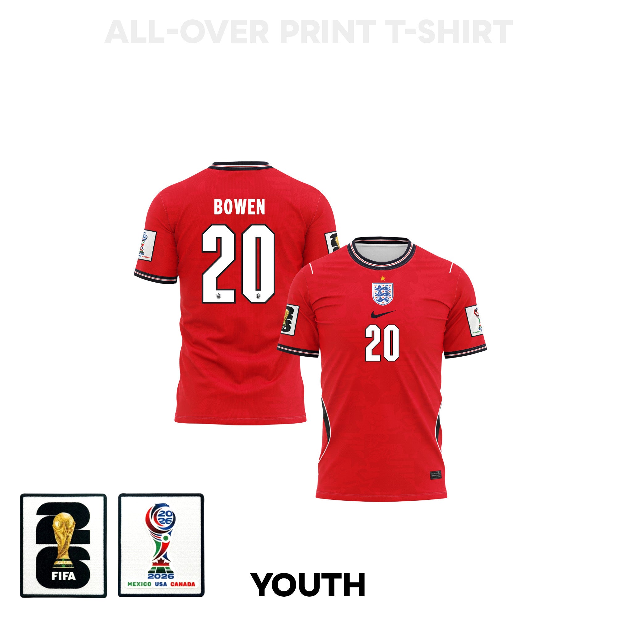 Jarrod Bowen 20 Youth England 2026 Away 3D T-shirt Fully Printed – Red