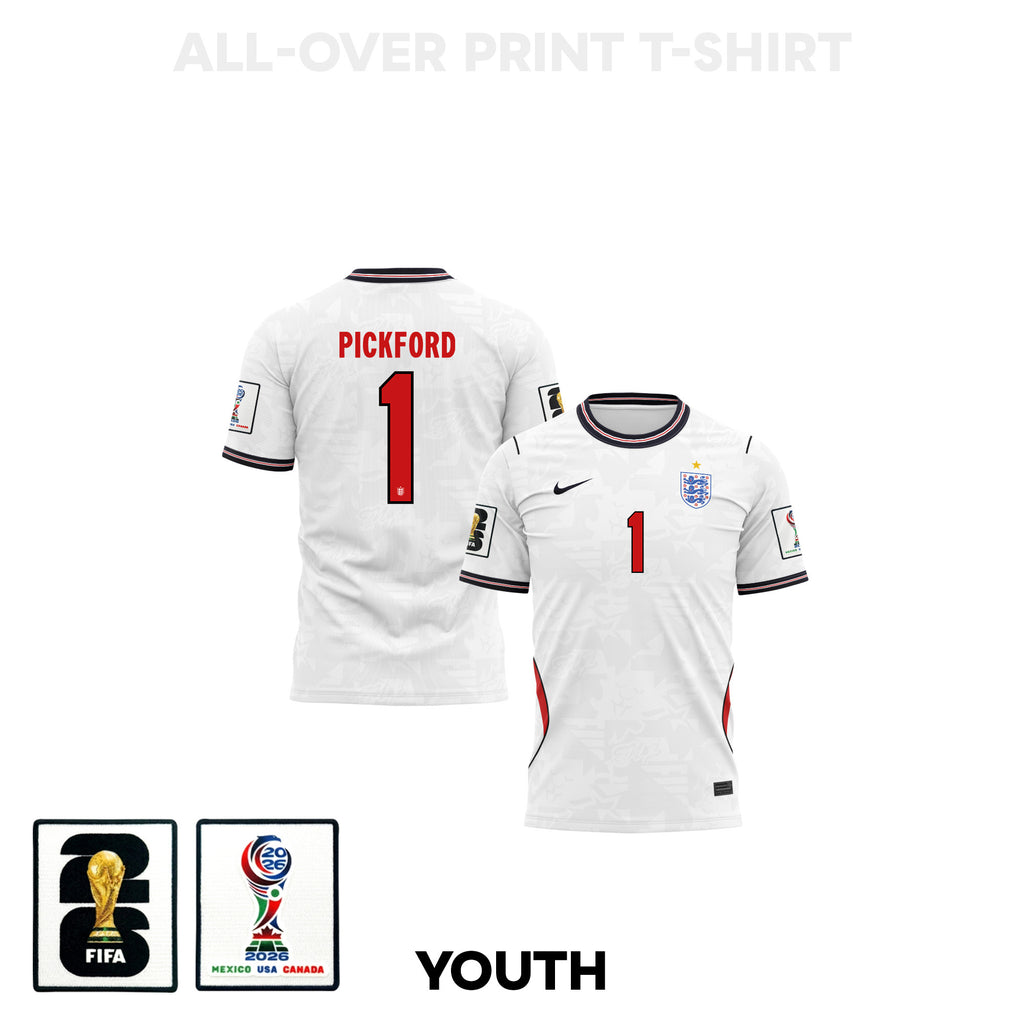Jordan Pickford 1 Youth England 2026 Home 3D T-shirt Fully Printed – White