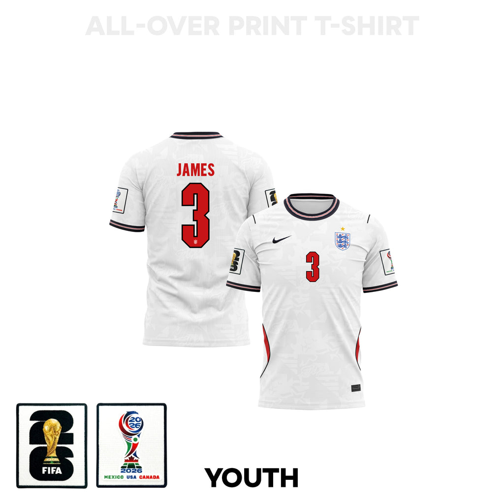 Reece James 3 Youth England 2026 Home 3D T-shirt Fully Printed – White
