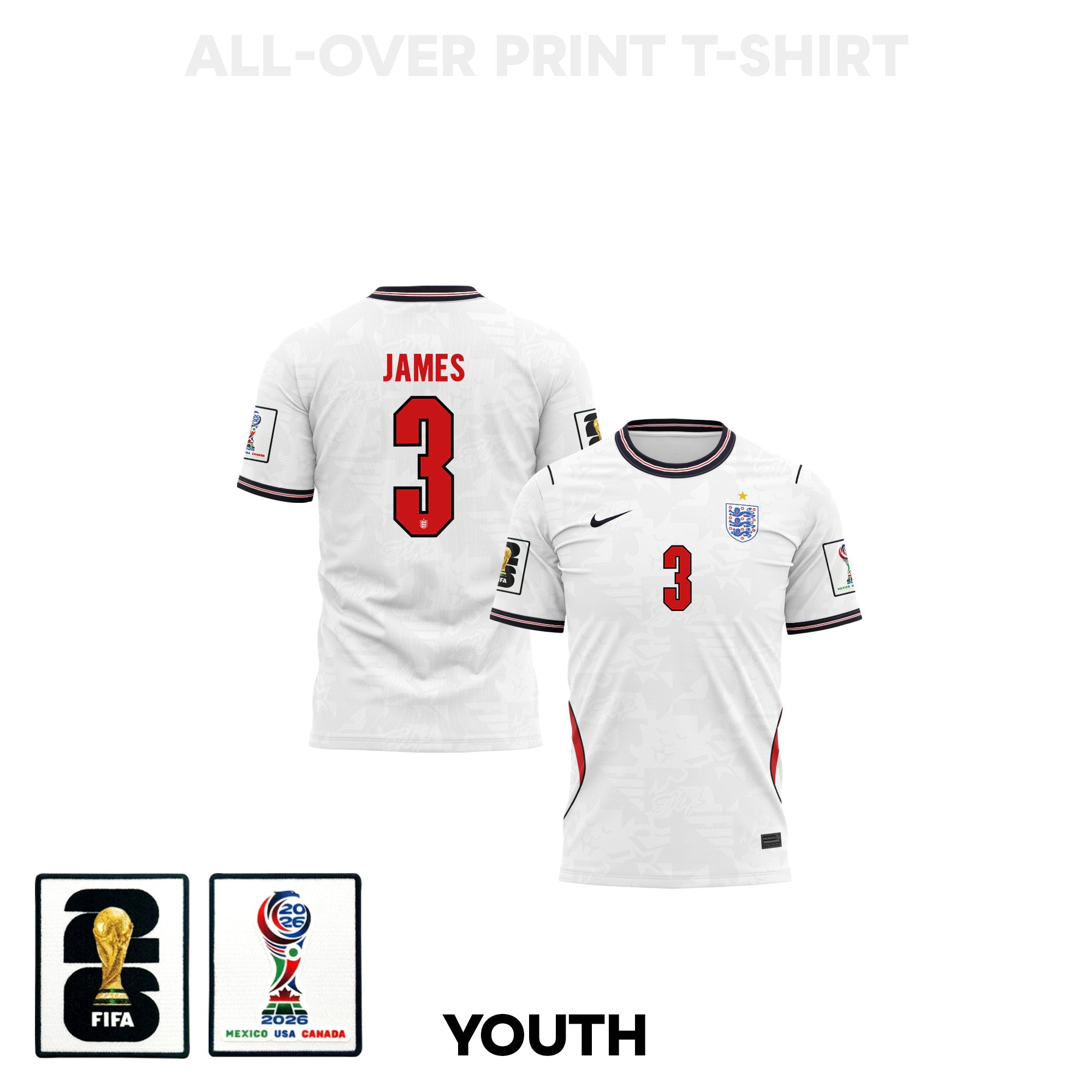 Reece James 3 Youth England 2026 Home 3D T-shirt Fully Printed – White