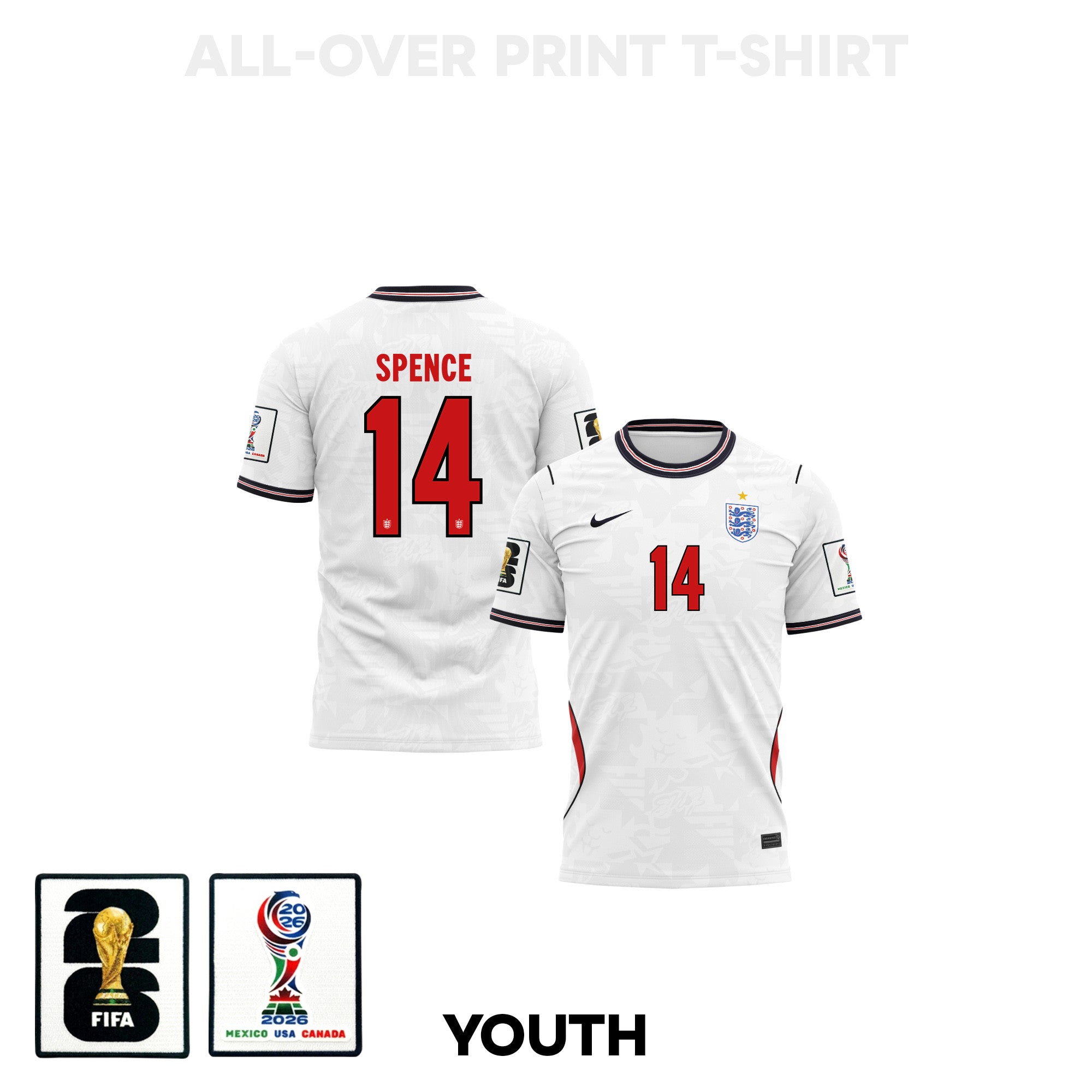 Djed Spence 14 Youth England 2026 Home 3D T-shirt Fully Printed – White