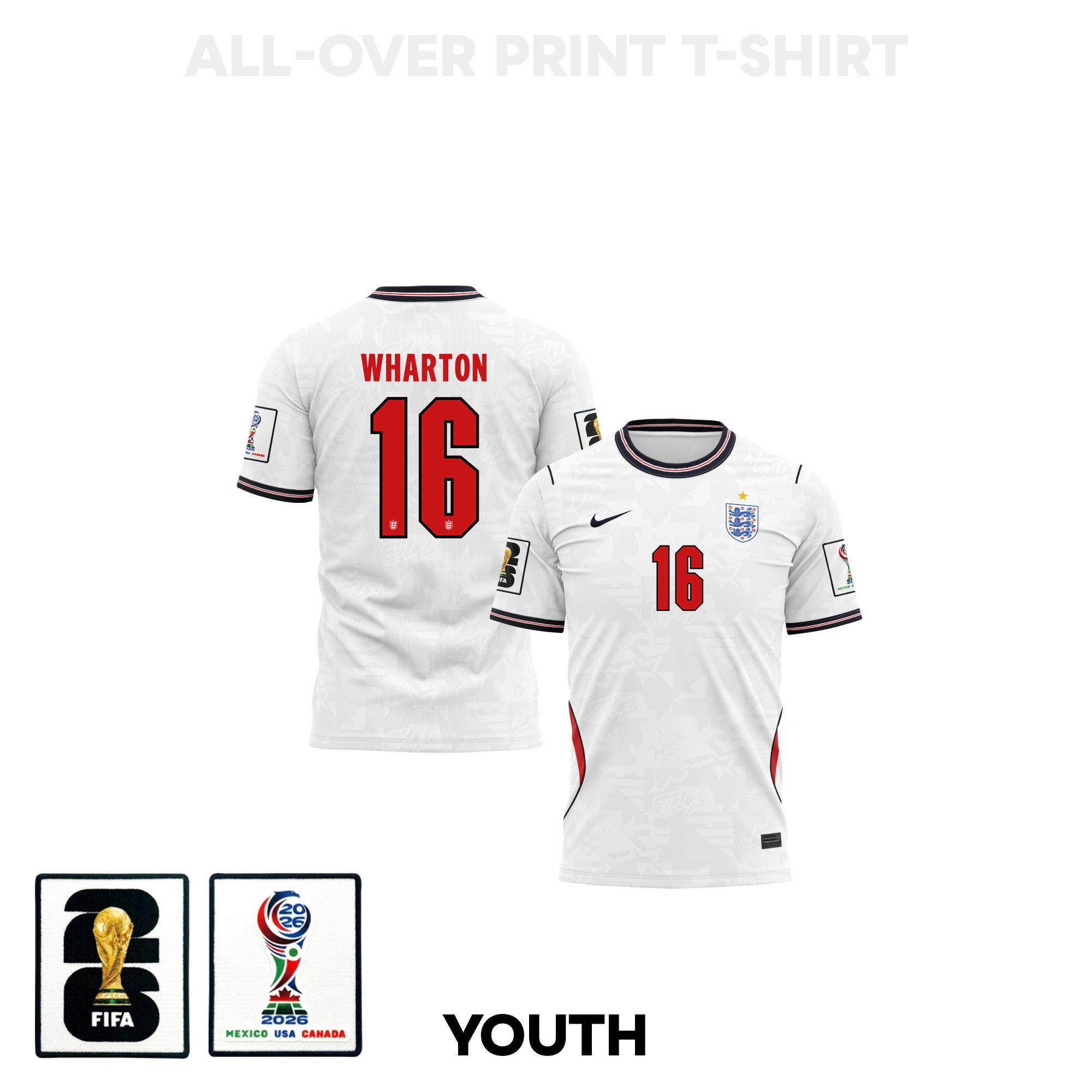 Adam Wharton 16 Youth England 2026 Home 3D T-shirt Fully Printed – White