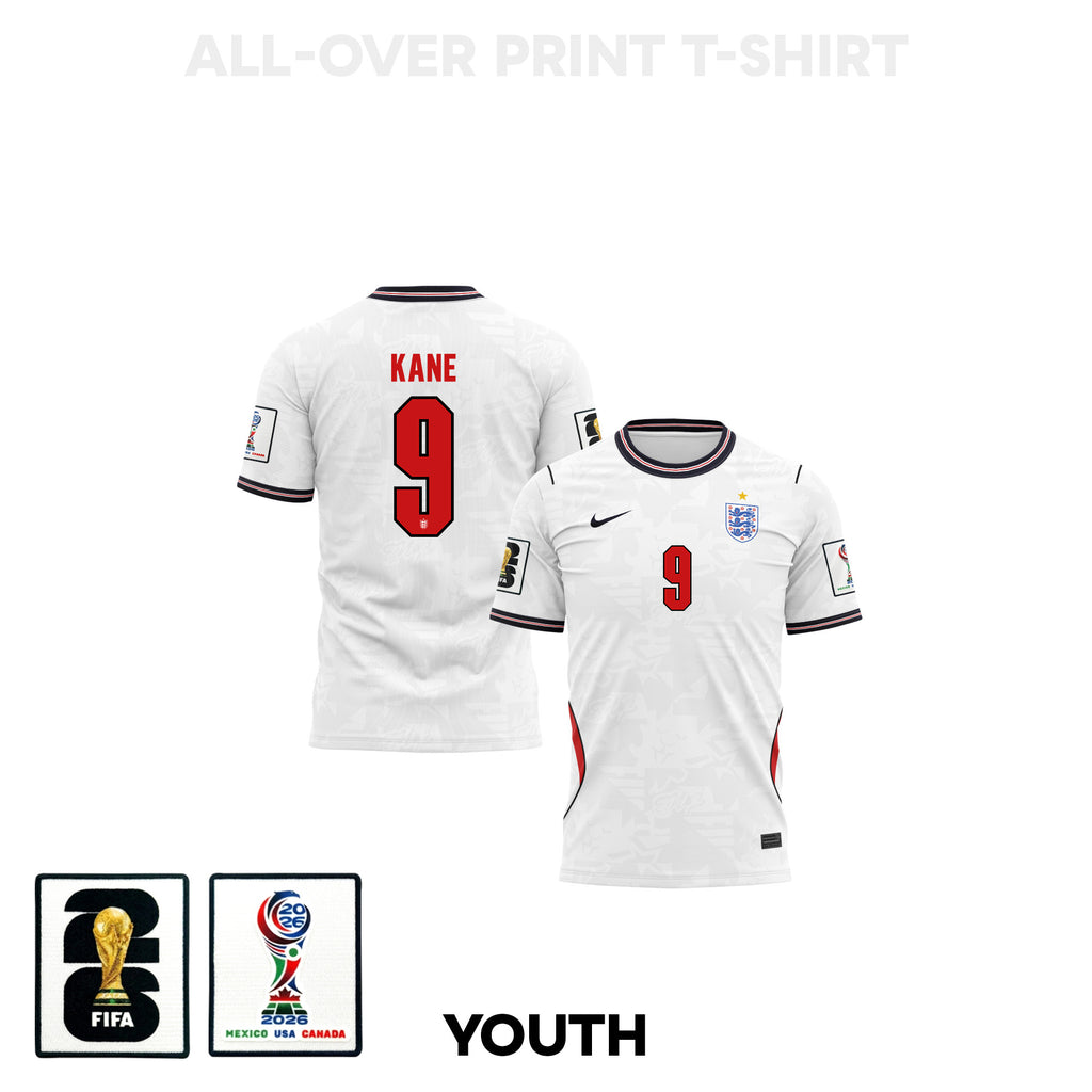 Harry Kane 9 Youth England 2026 Home 3D T-shirt Fully Printed – White