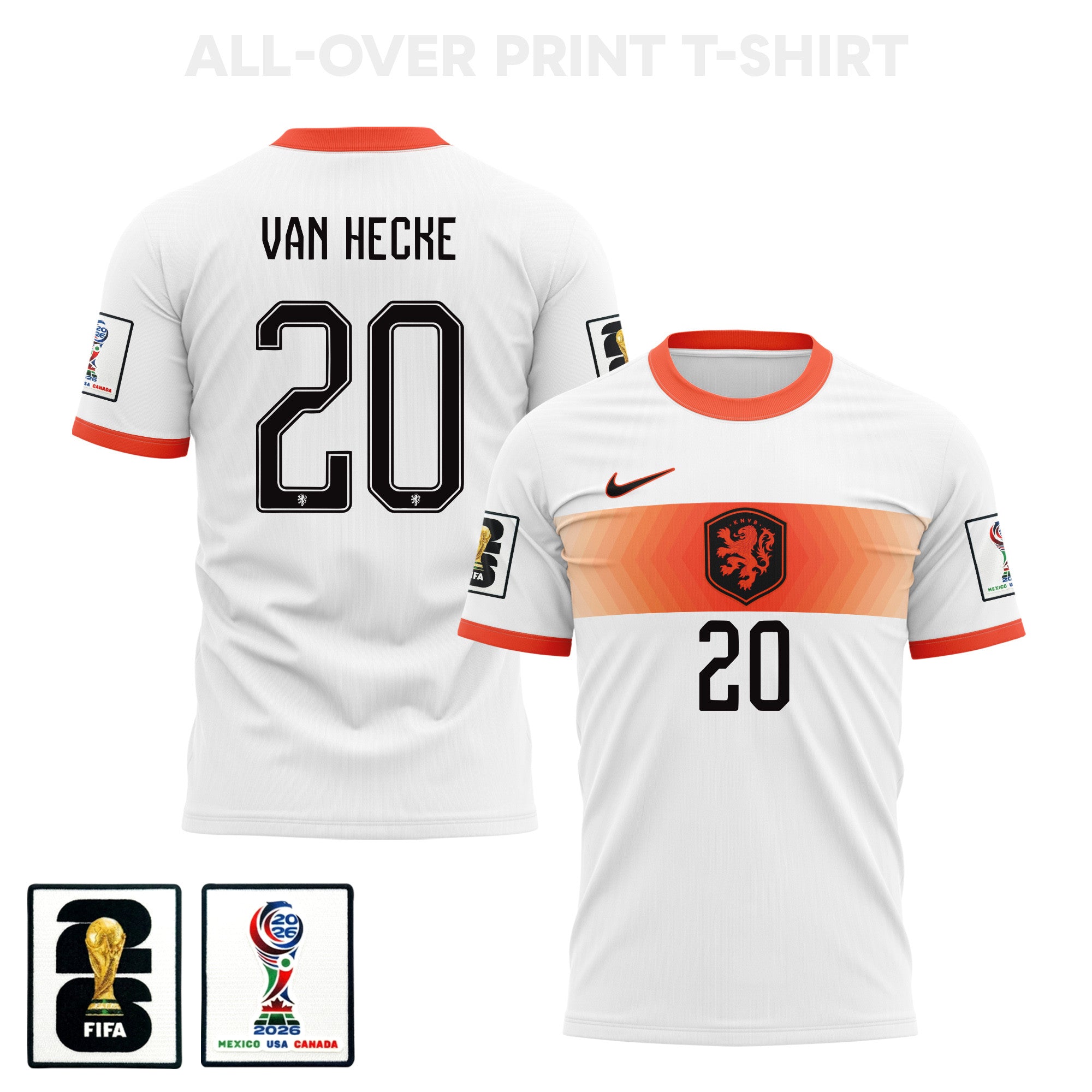 Jan Paul van Hecke 20 Netherlands 2026 Away 3D T-Shirt Fully Printed – Unisex, White