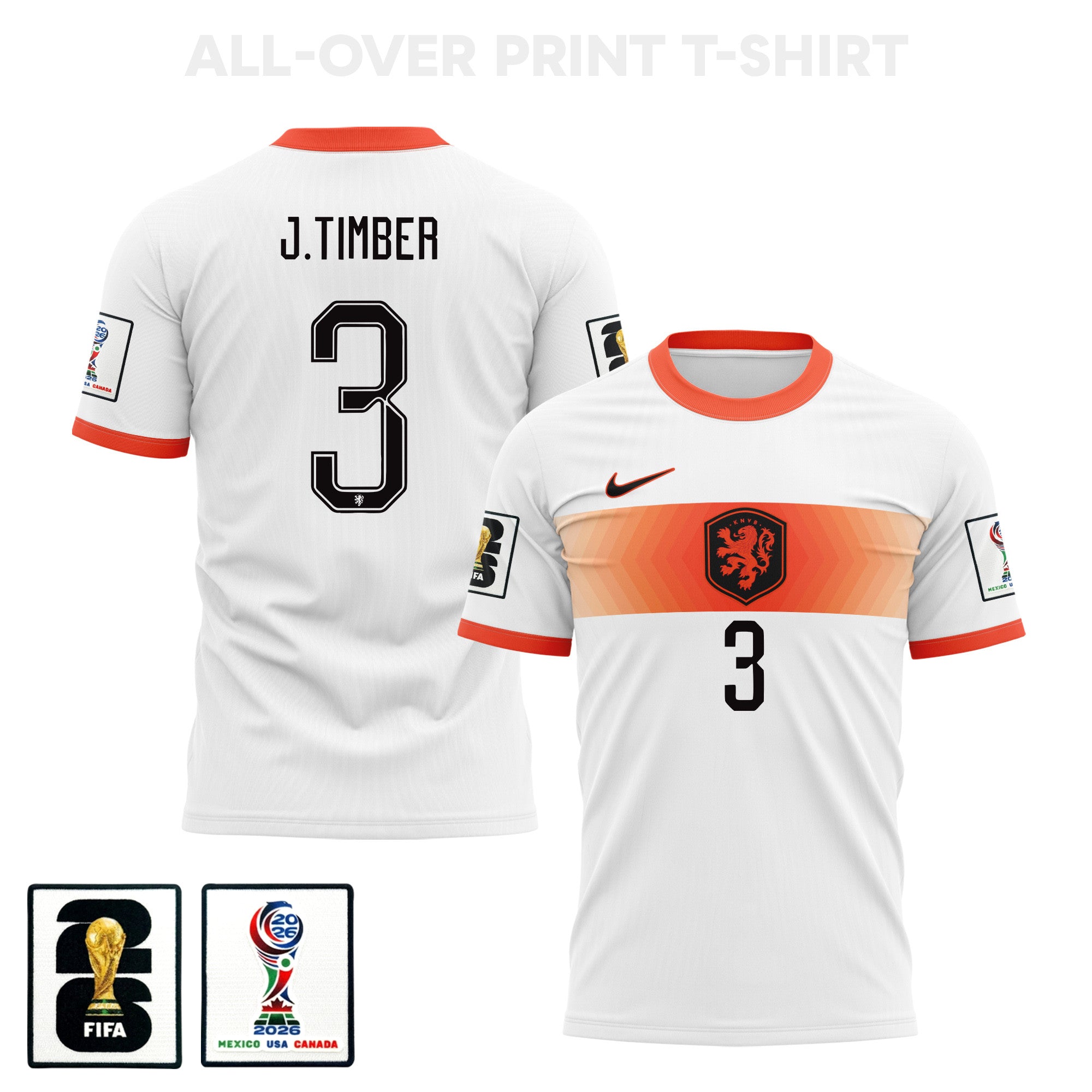 Jurriën Timber 3 Netherlands 2026 Away 3D T-Shirt Fully Printed – Unisex, White