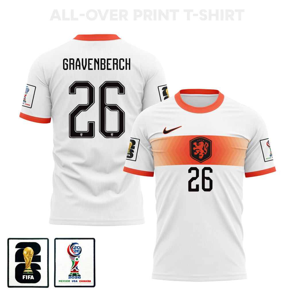 Ryan Gravenberch 26 Netherlands 2026 Away 3D T-Shirt Fully Printed – Unisex, White