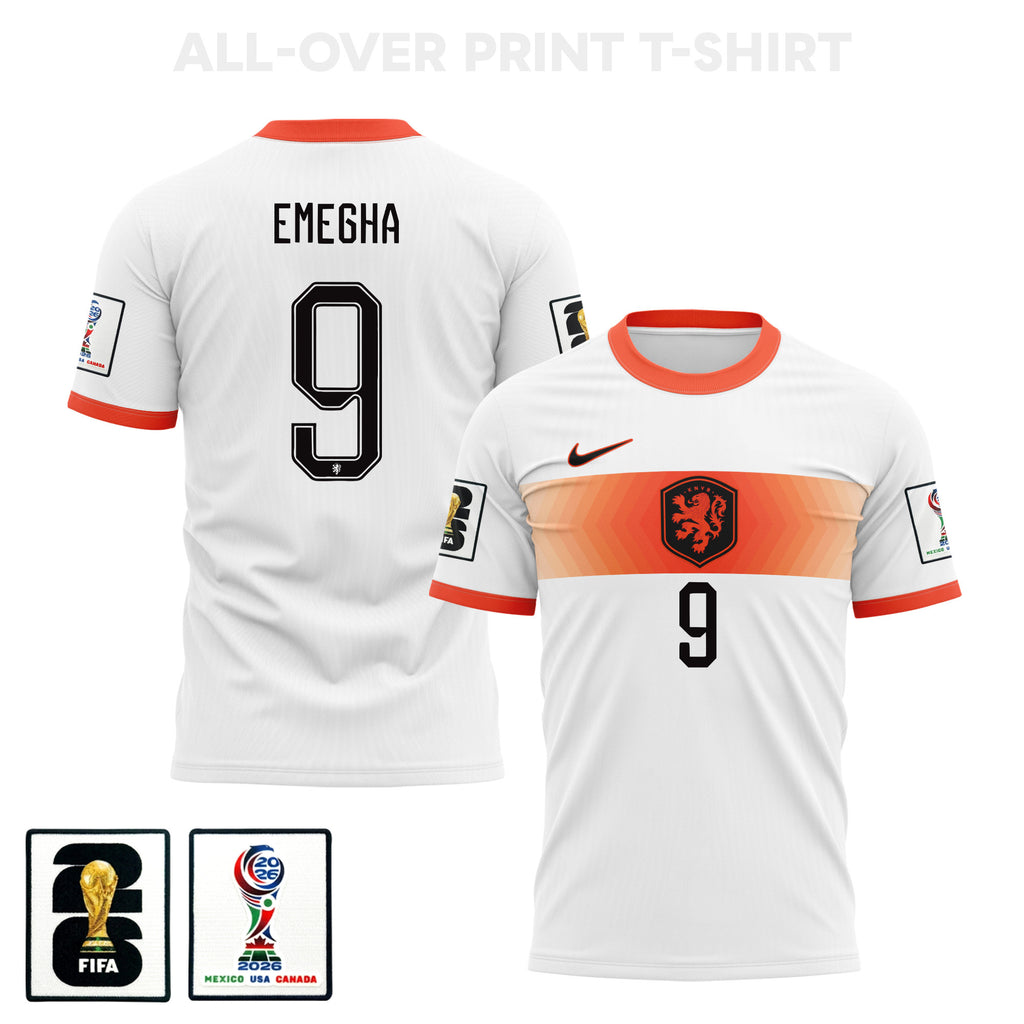Emmanuel Emegha 9 Netherlands 2026 Away 3D T-Shirt Fully Printed – Unisex, White