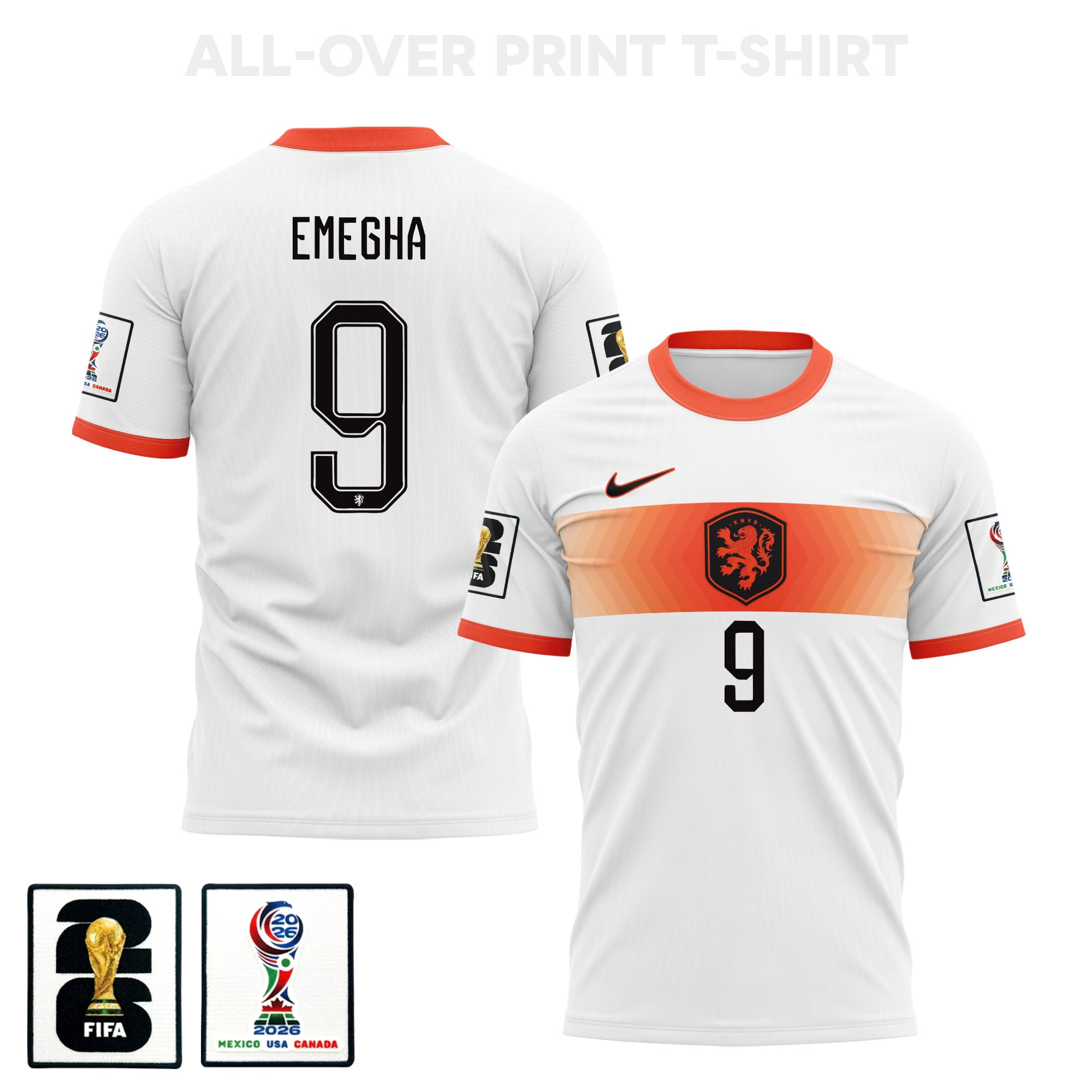 Emmanuel Emegha 9 Netherlands 2026 Away 3D T-Shirt Fully Printed – Unisex, White