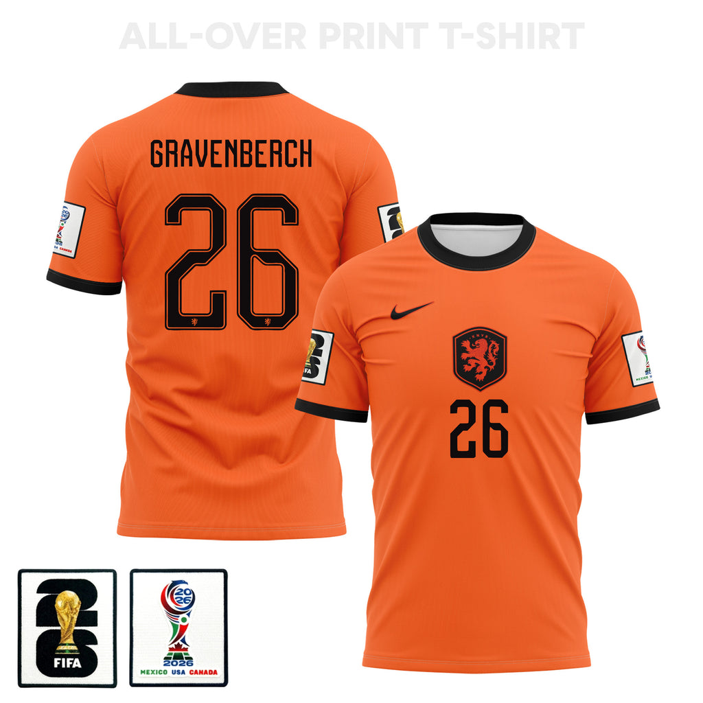 Ryan Gravenberch 26 Netherlands 2026 Home 3D T-Shirt Fully Printed – Unisex, Orange