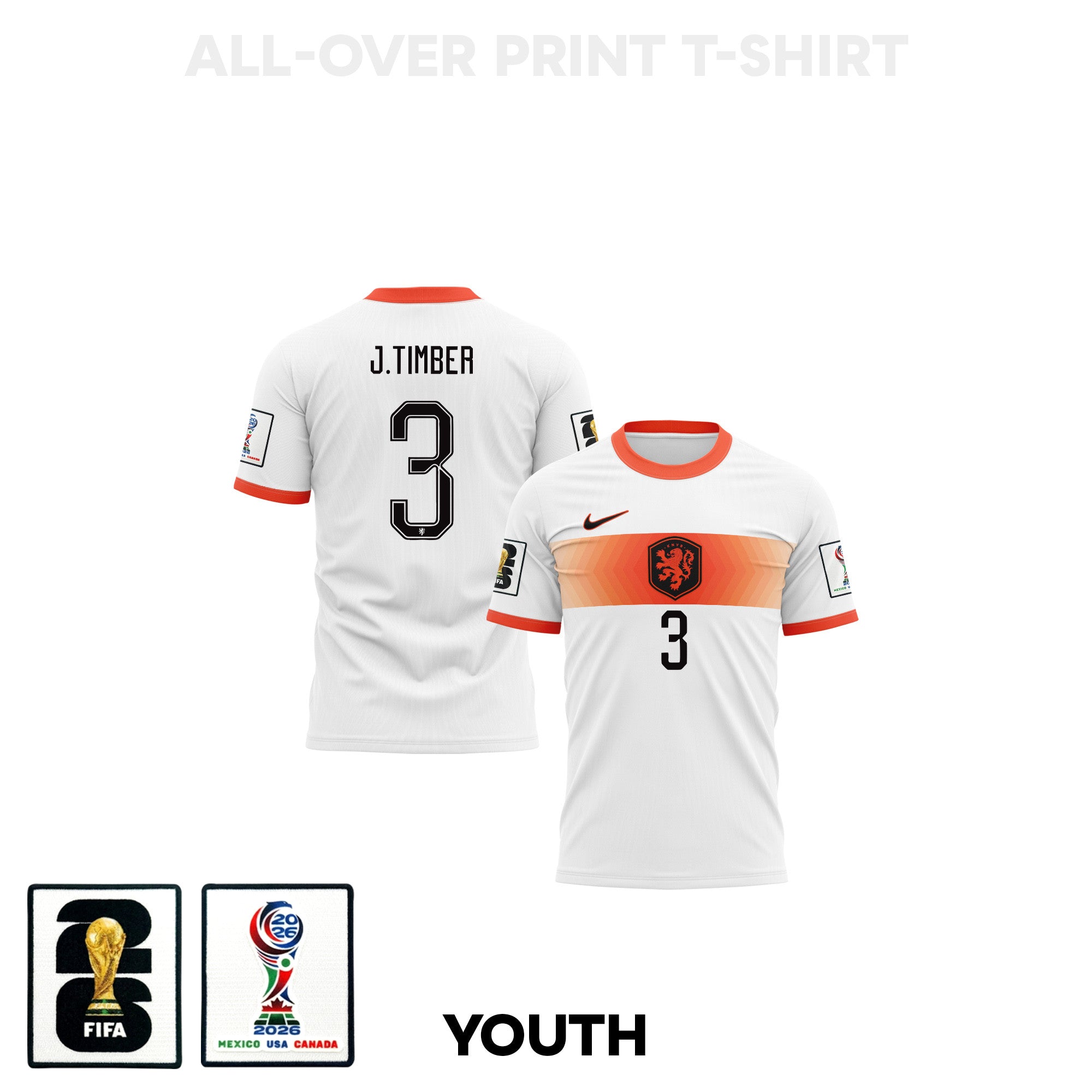 Jurriën Timber 3 Youth Netherlands 2026 Away 3D T-shirt Fully Printed – White