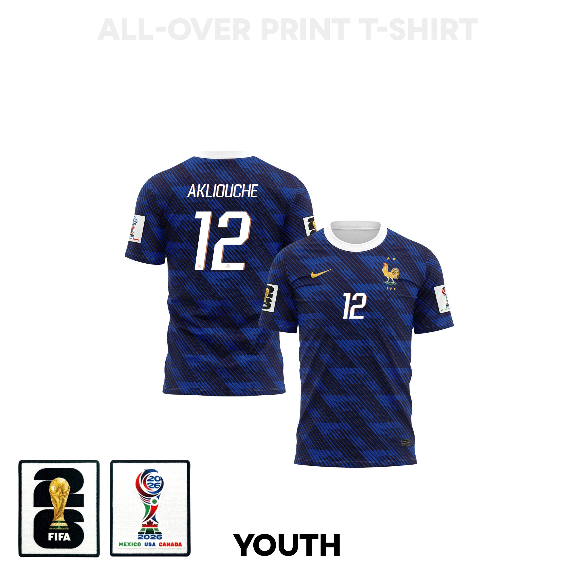 Maghnes Akliouche 12 Youth France 2026 Home 3D T-shirt Fully Printed – Blue