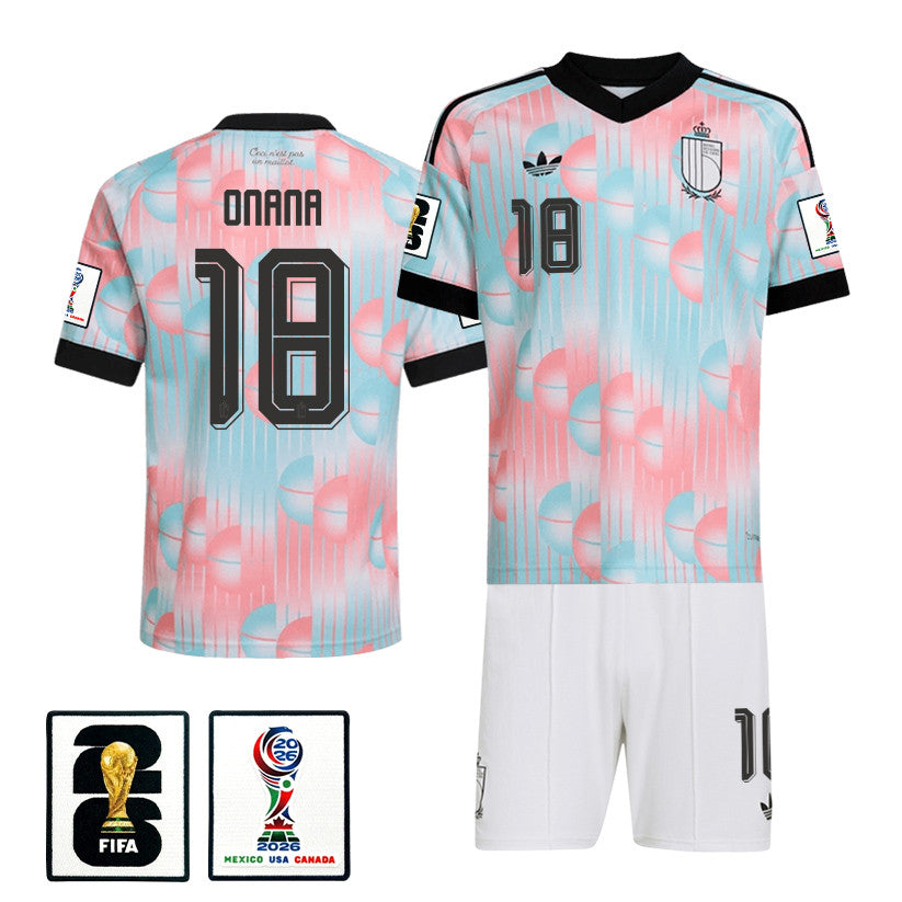 Amadou Onana 18 Belgium 2026 Away Men Jersey & Shorts Set – Light Blue