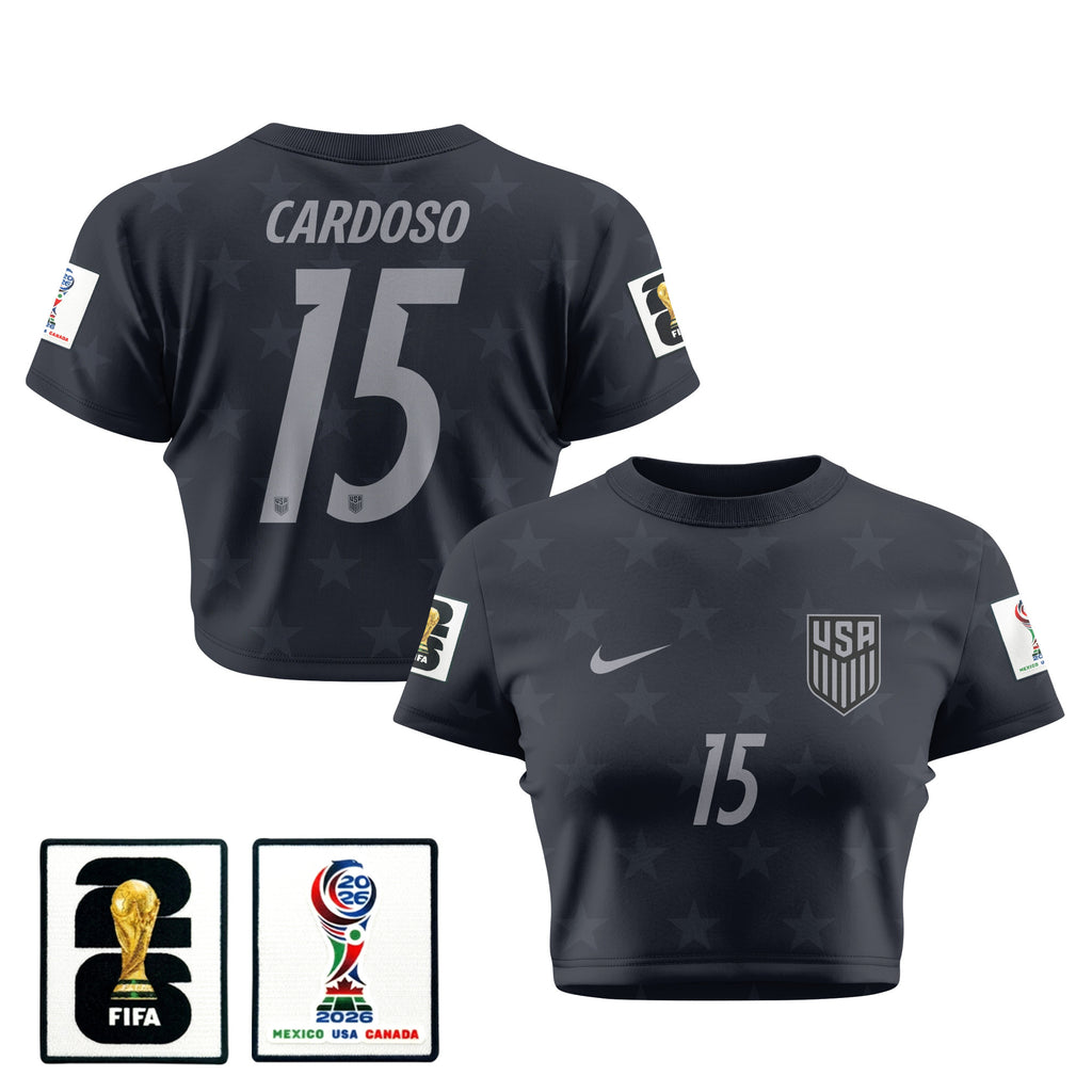 Johnny Cardoso 15 USMNT 2026 Women's Away All-Over Print Cropped Jersey - Black