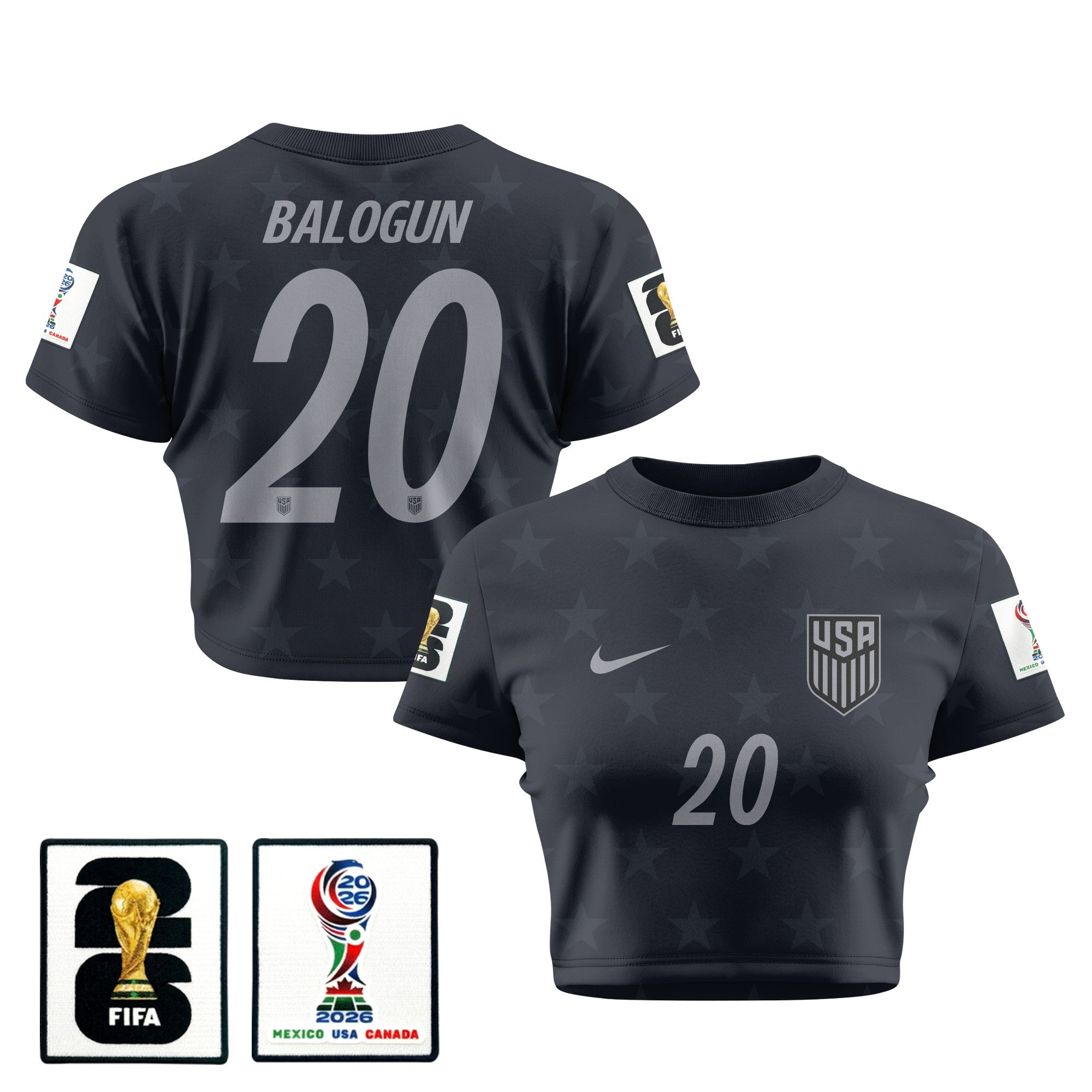 Folarin Balogun 20 USMNT 2026 Women's Away All-Over Print Cropped Jersey - Black