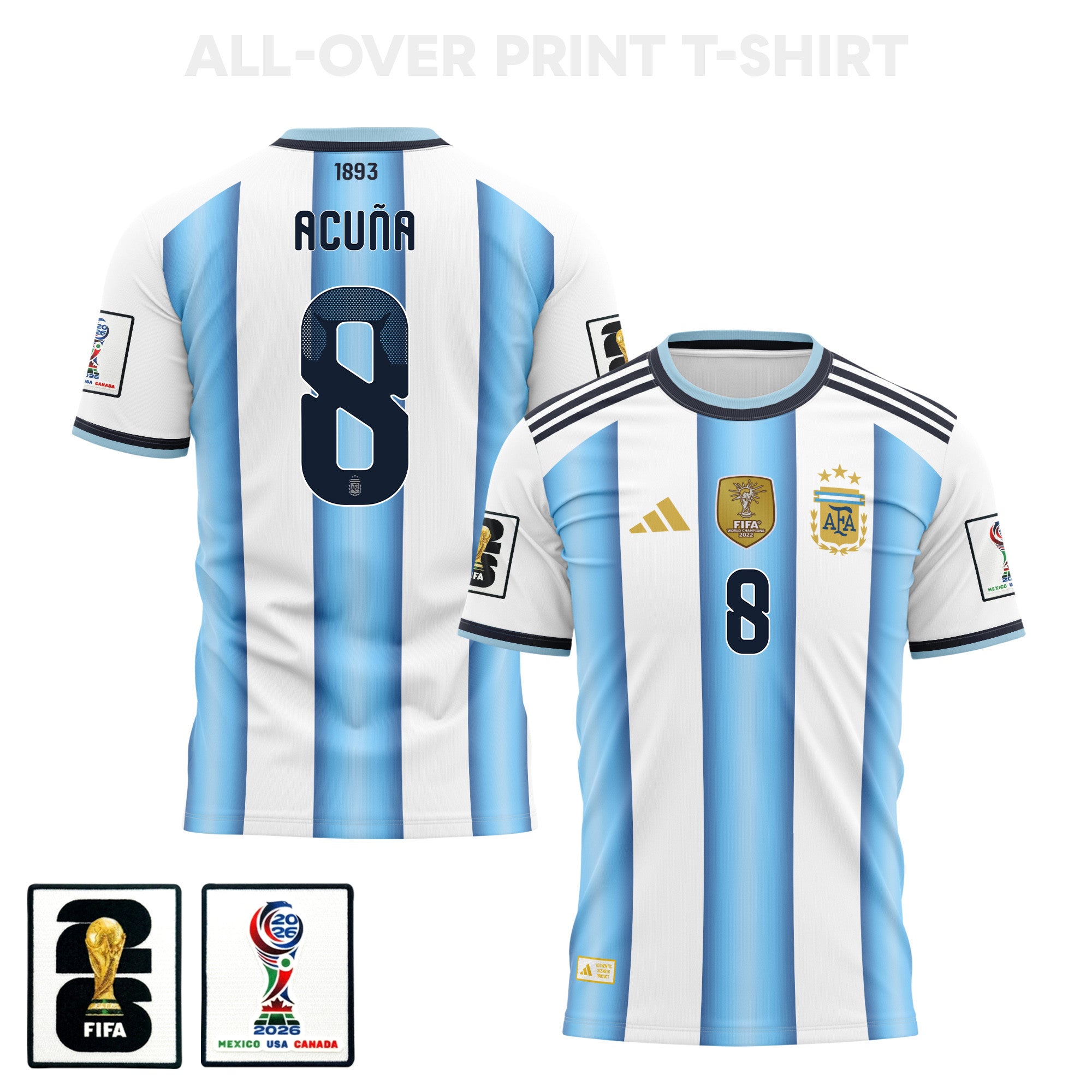 Marcos Acuña 8 Argentina 2026 Home 3D T-Shirt Fully Printed – Unisex, White